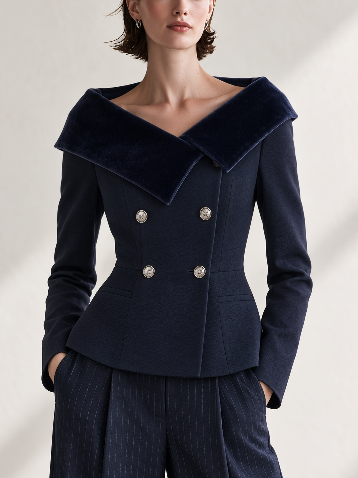 Velvet Collar Navy Tailored Long Sleeve Jacket