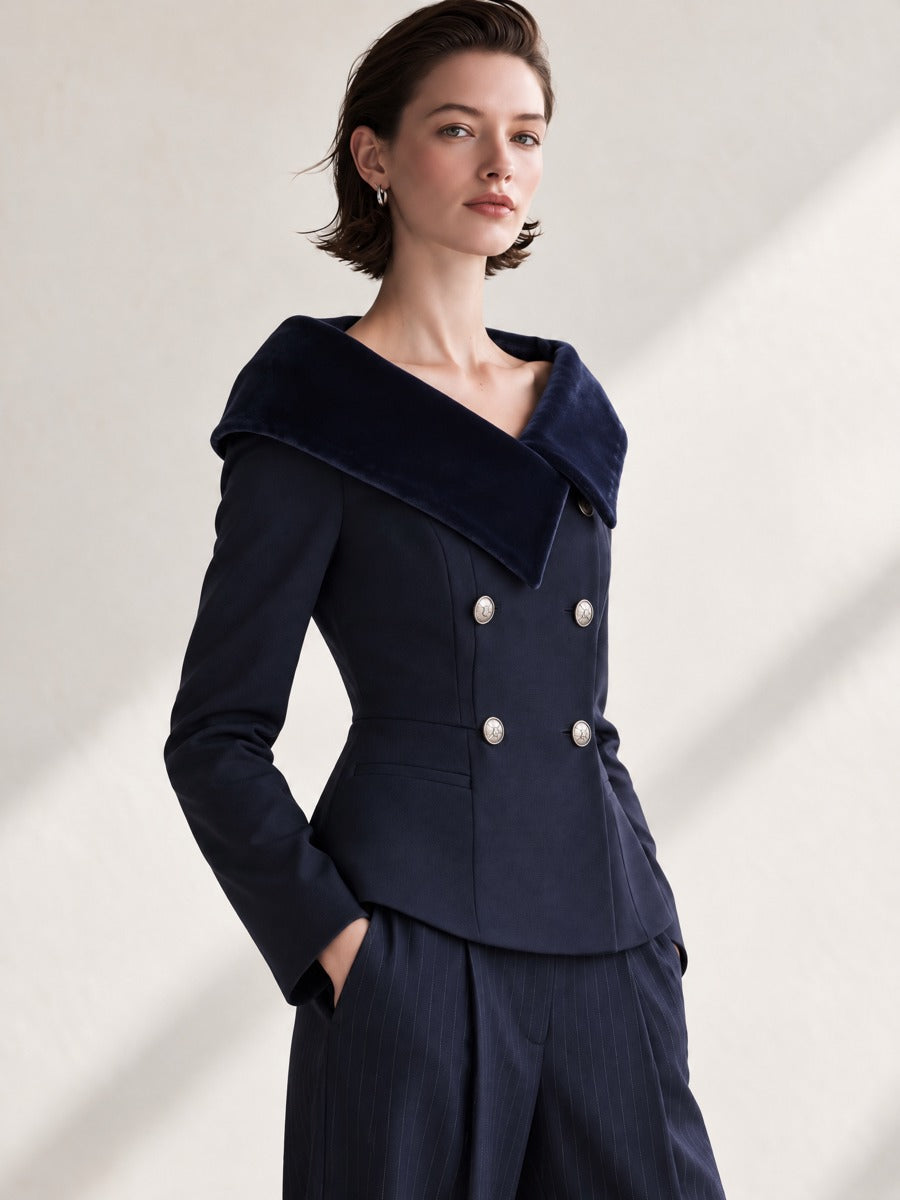 Velvet Collar Navy Tailored Long Sleeve Jacket