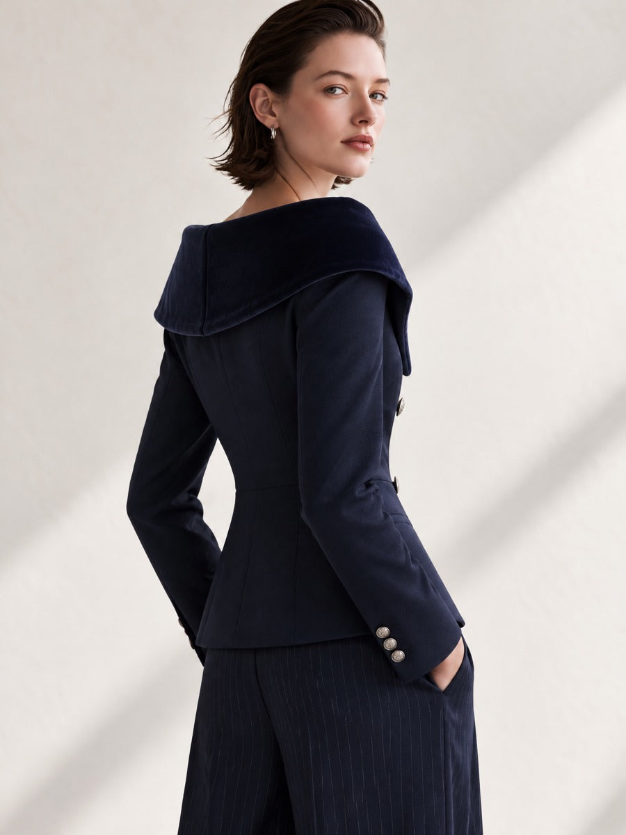 Velvet Collar Navy Tailored Long Sleeve Jacket