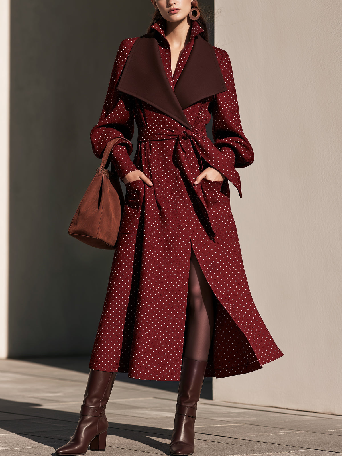 Polka Dot Wrap Belted Midi Coat Dress
