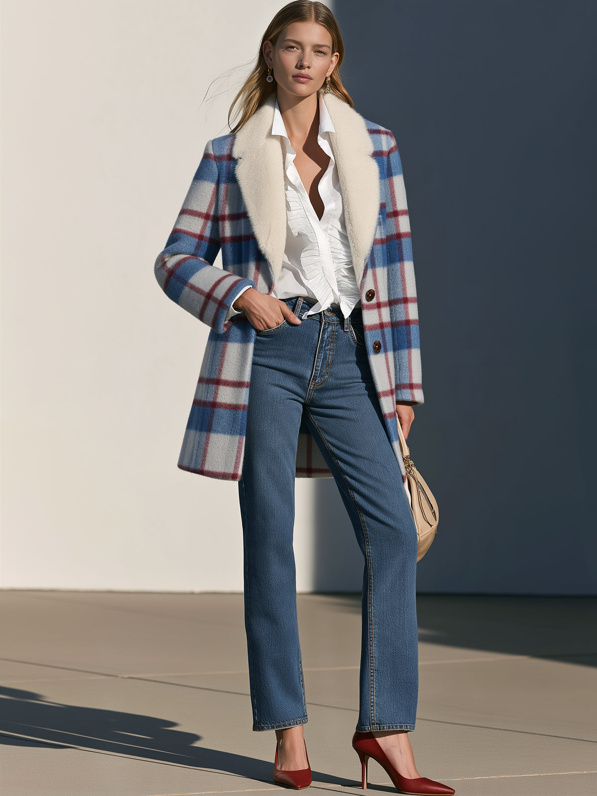 Faux Fur Collar Wool Blend Plaid Coat Outerwear