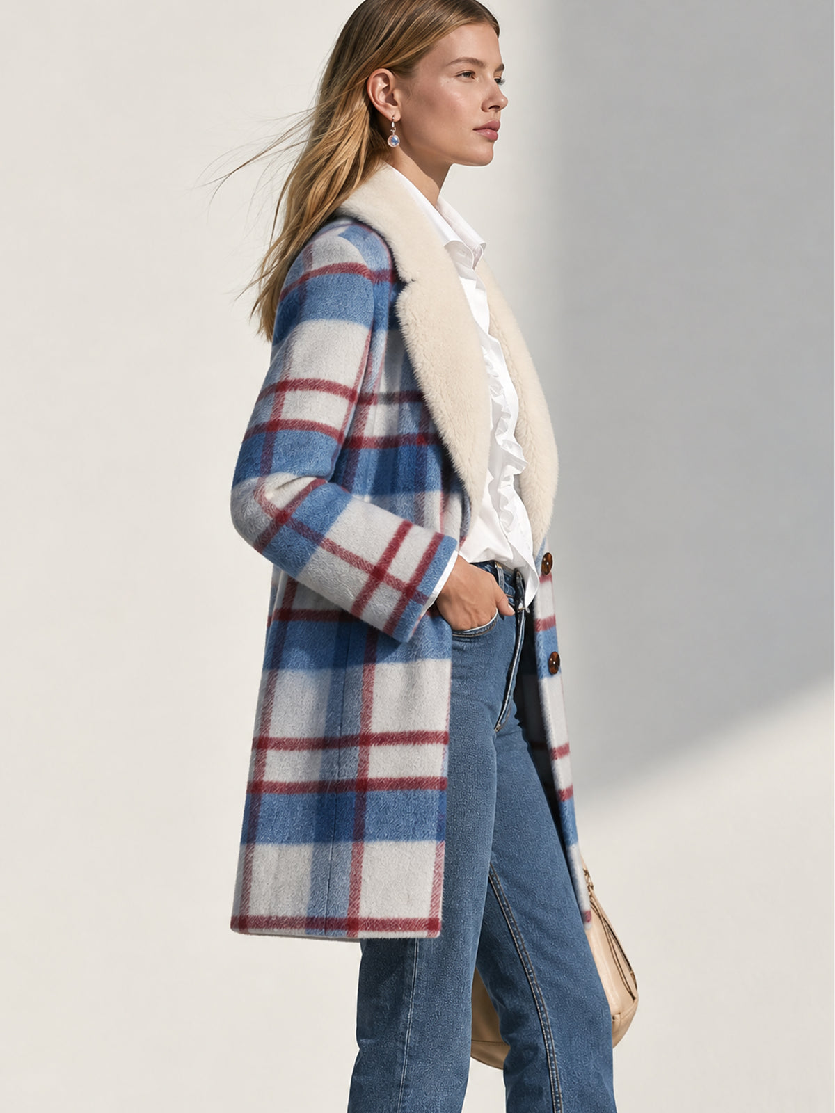 Faux Fur Collar Wool Blend Plaid Coat Outerwear
