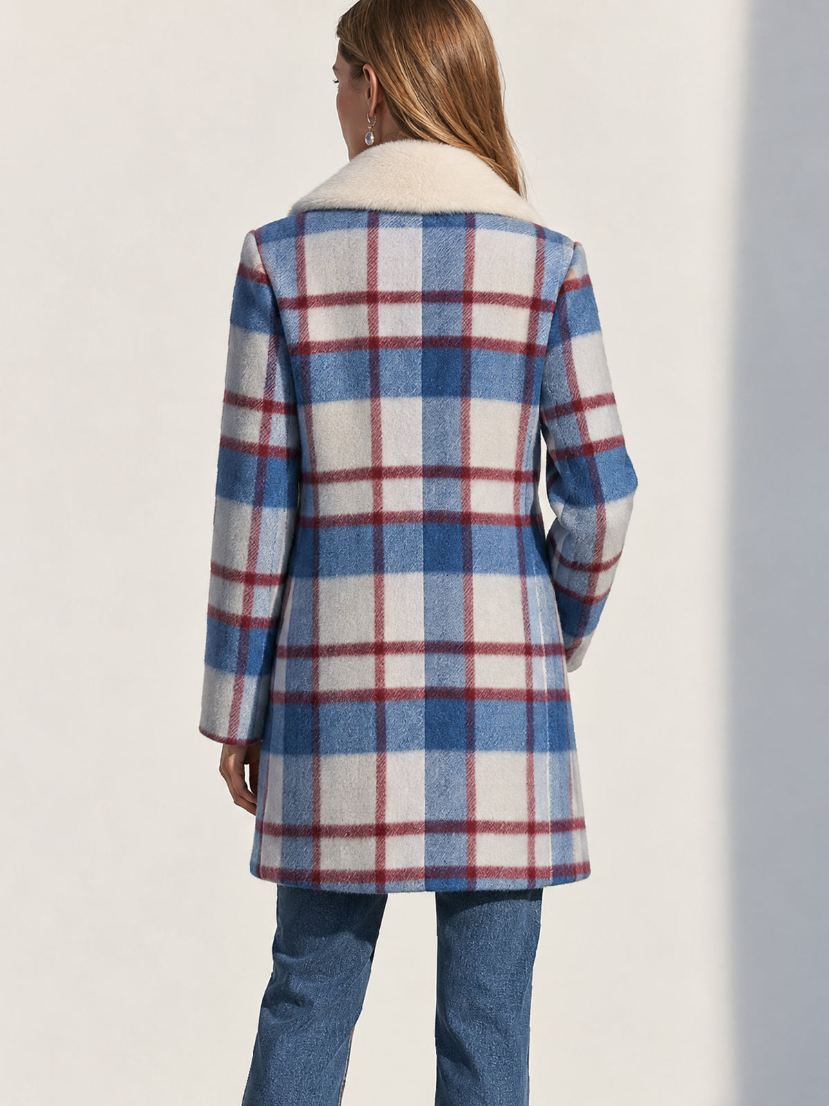 Faux Fur Collar Wool Blend Plaid Coat Outerwear