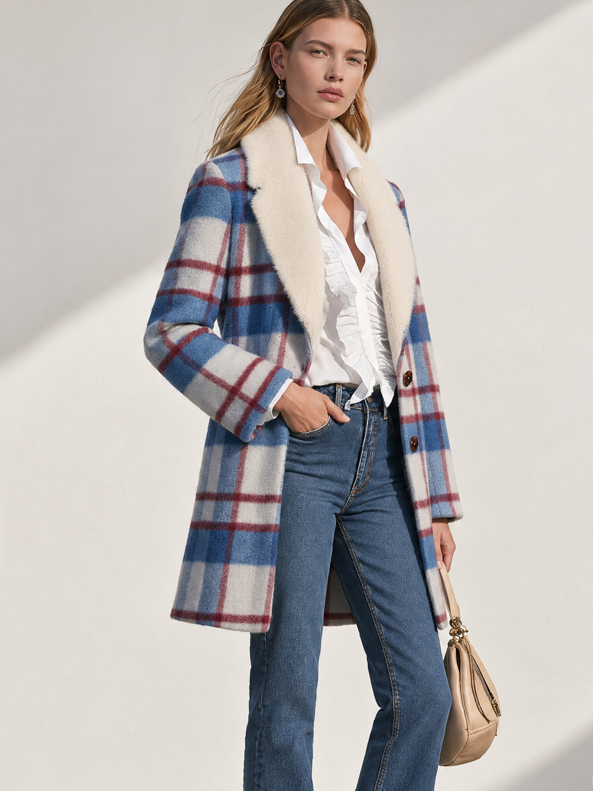 Faux Fur Collar Wool Blend Plaid Coat Outerwear