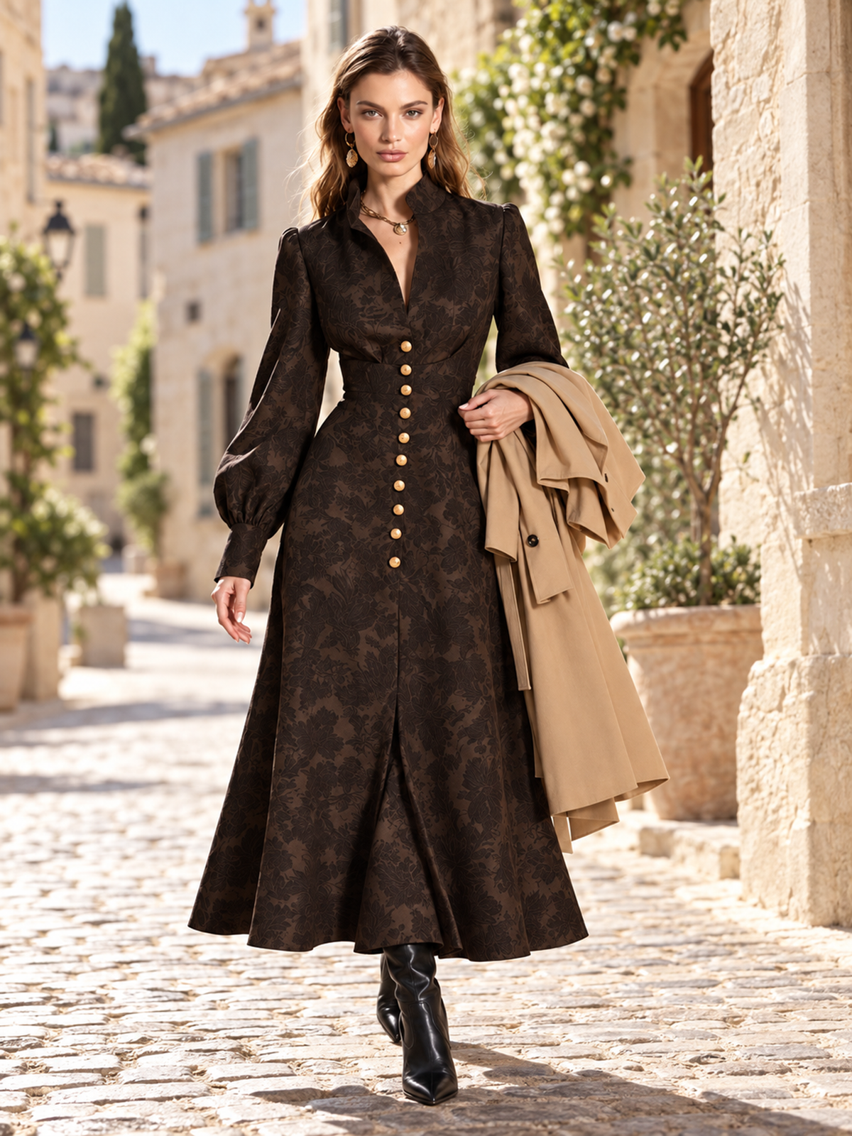 Coffee Brown Jacquard V-Neck Maxi Dress
