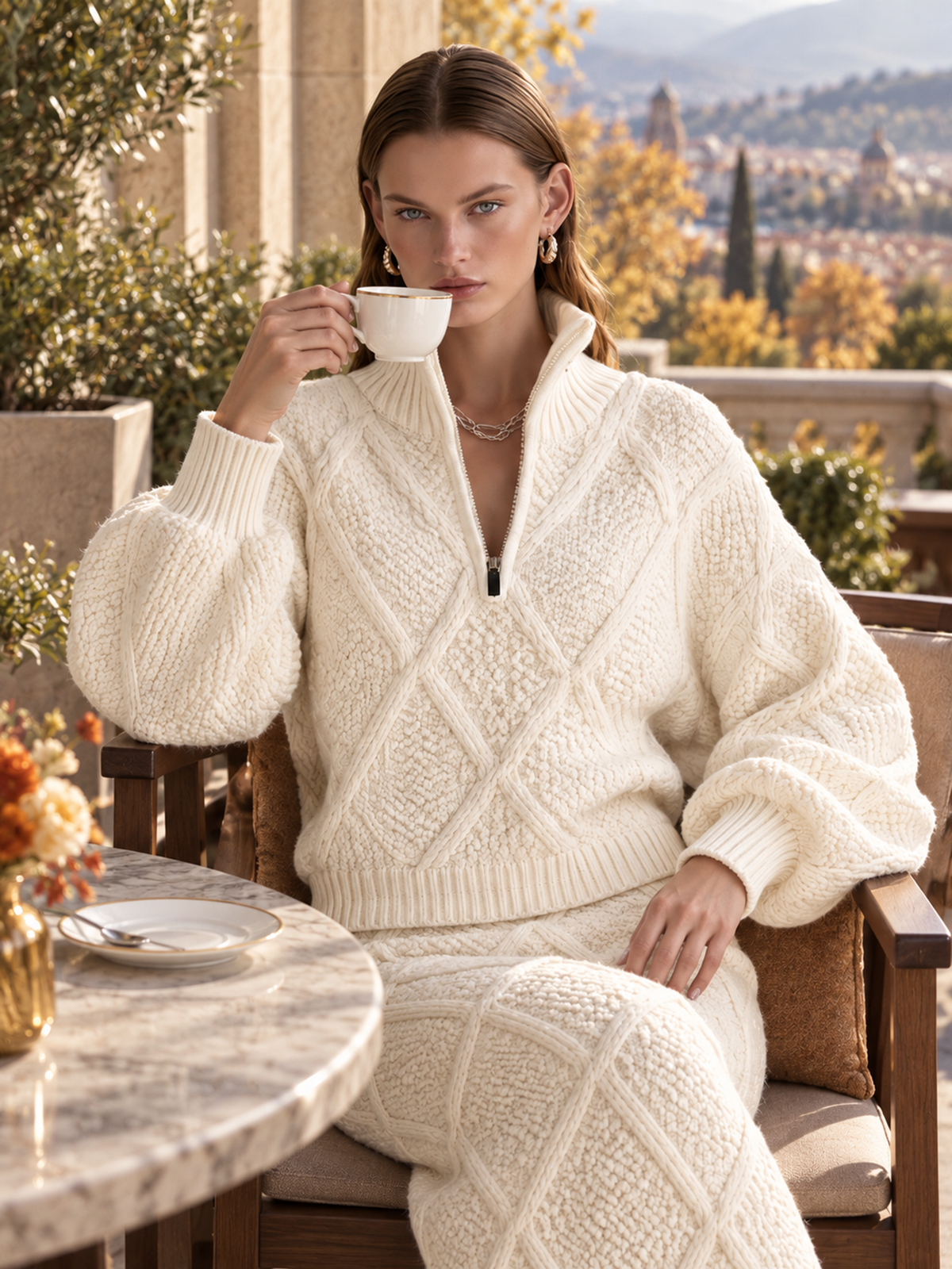 Ivory Diamond Cable-Knit Wool Sweater