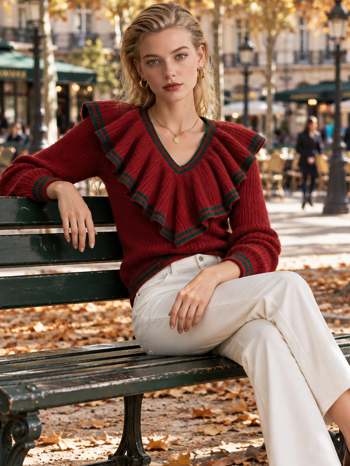 Contrast Trim Big Ruffle V Neck Loose Knit Sweater