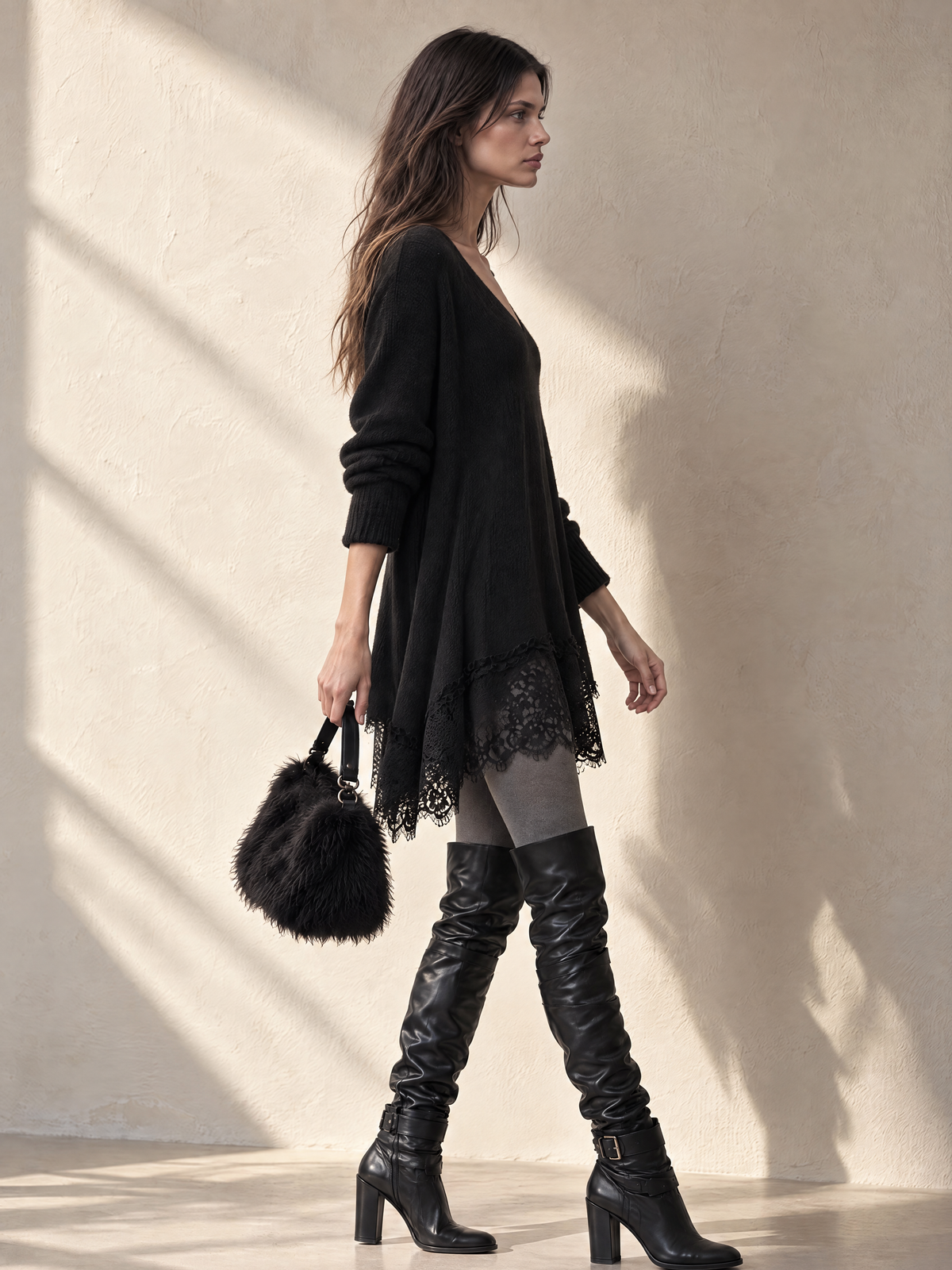 Black V-Neck Lace-Trim Wool Knit Dress