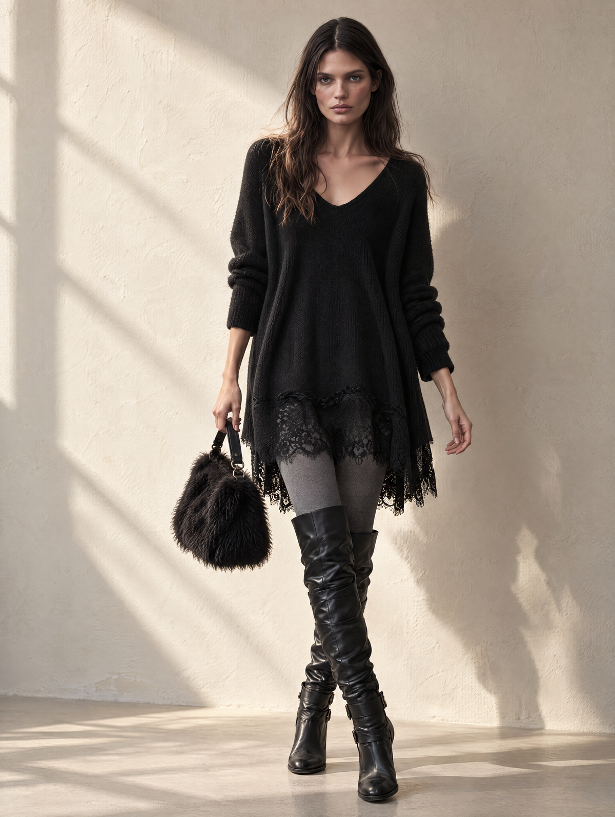 Black V-Neck Lace-Trim Wool Knit Dress
