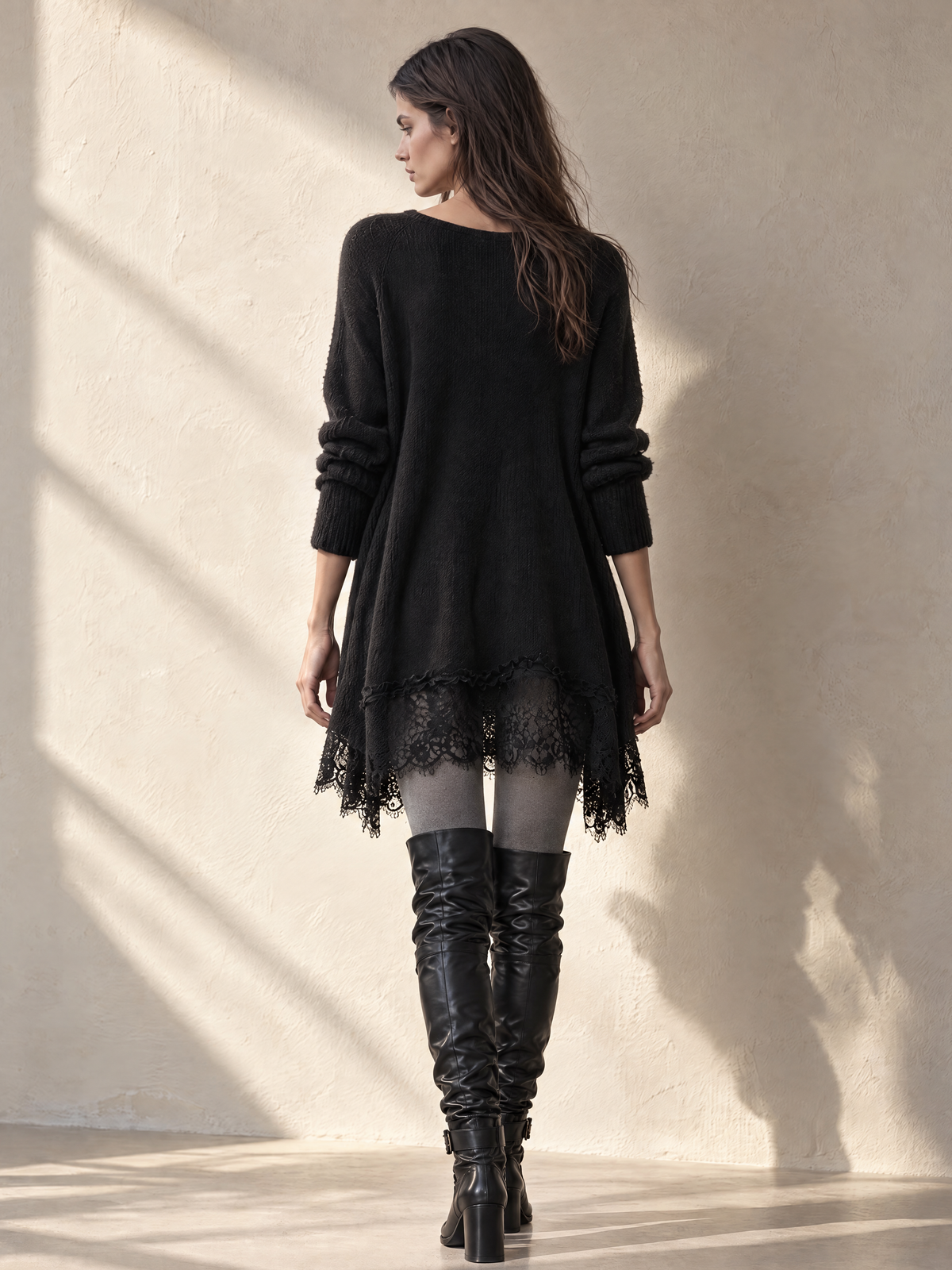 Black V-Neck Lace-Trim Wool Knit Dress
