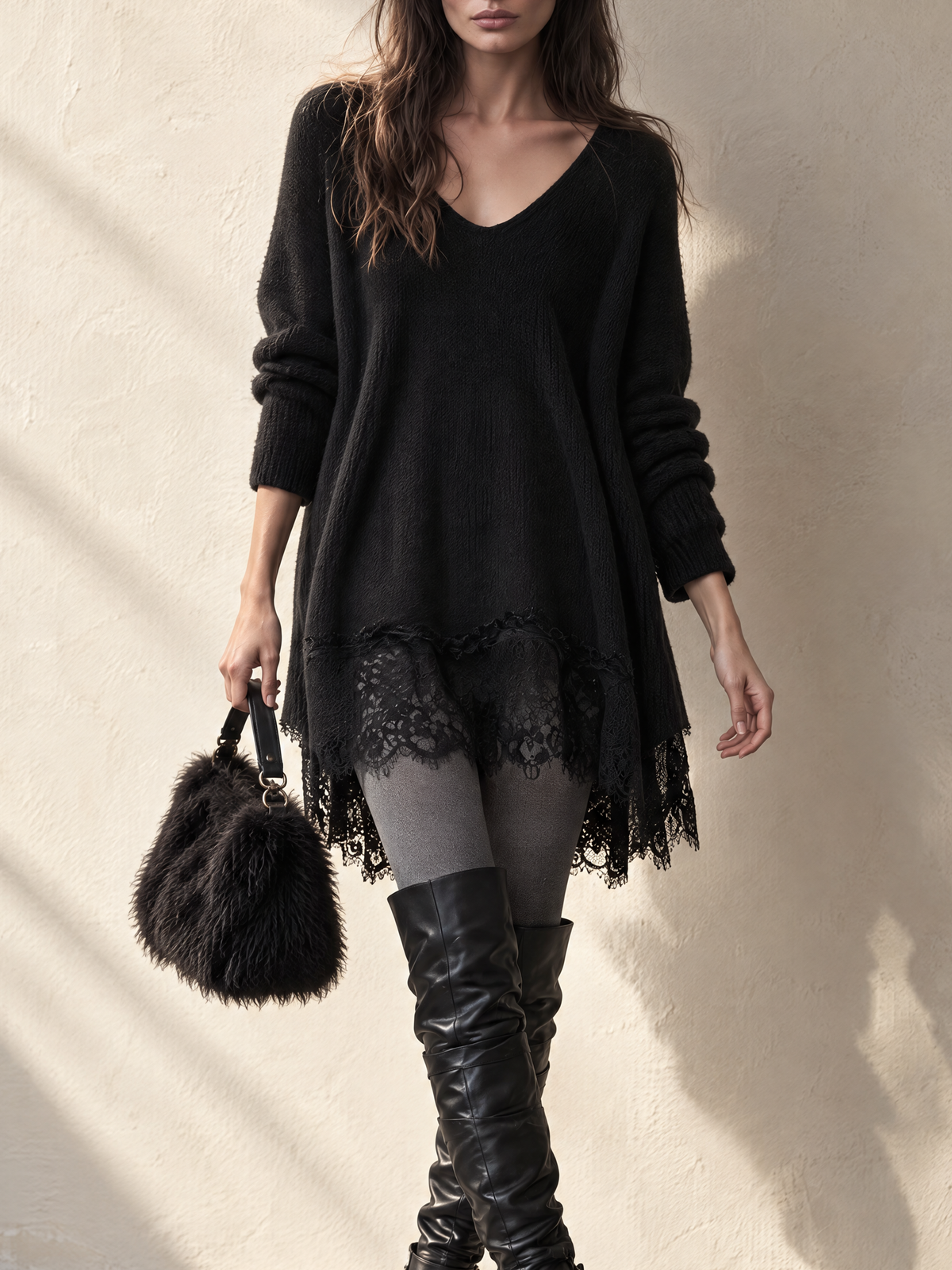 Black V-Neck Lace-Trim Wool Knit Dress