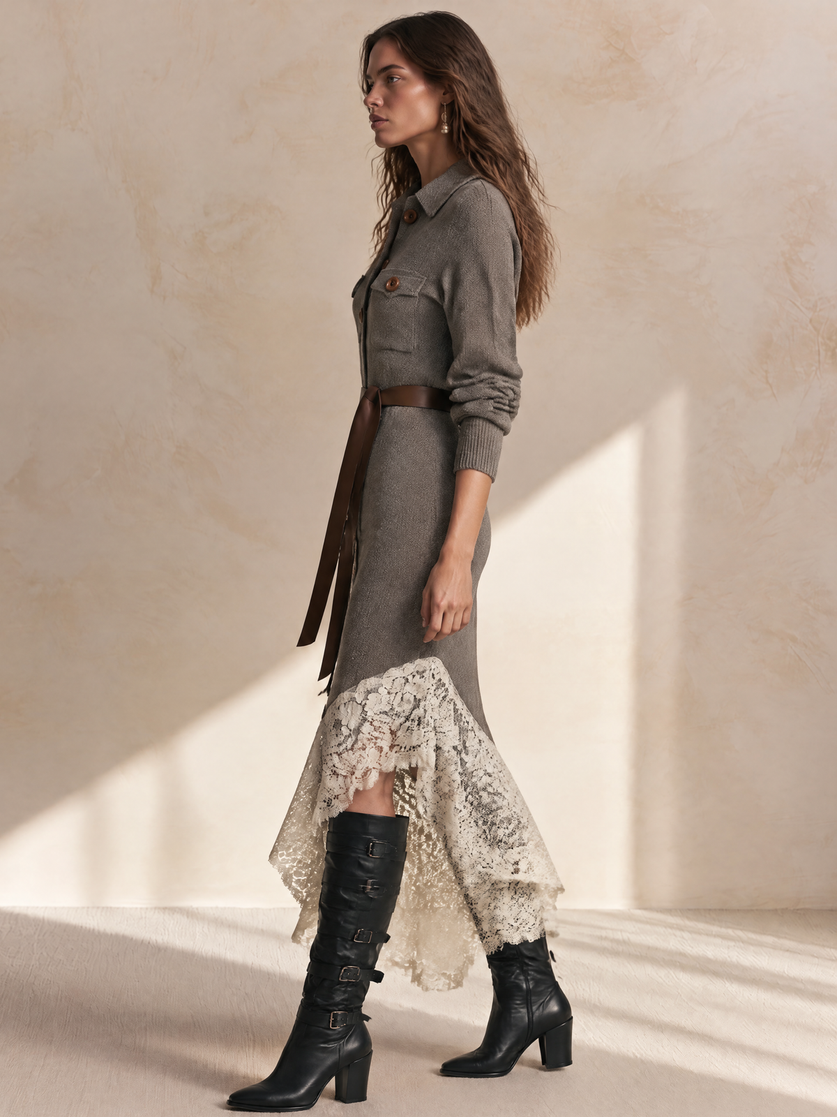Gray Collared Lace-Trim Wool Knit Midi Dress