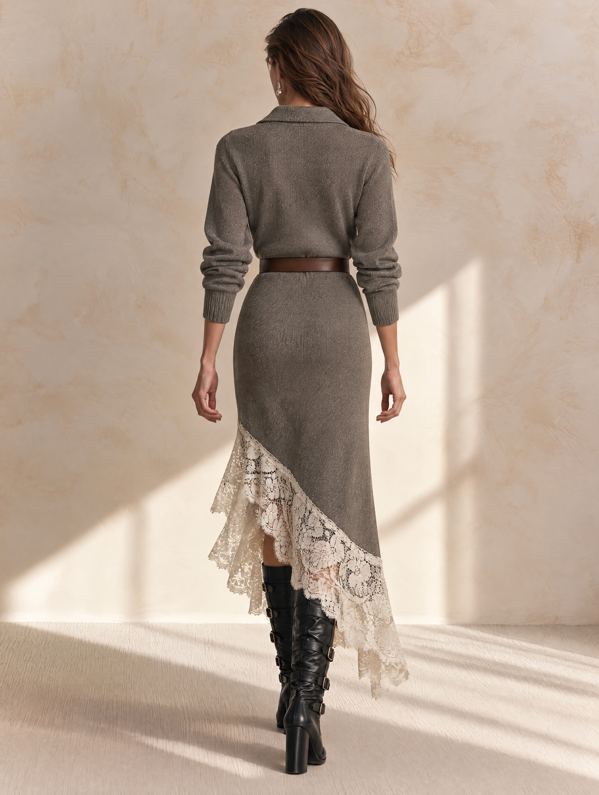 Gray Collared Lace-Trim Wool Knit Midi Dress