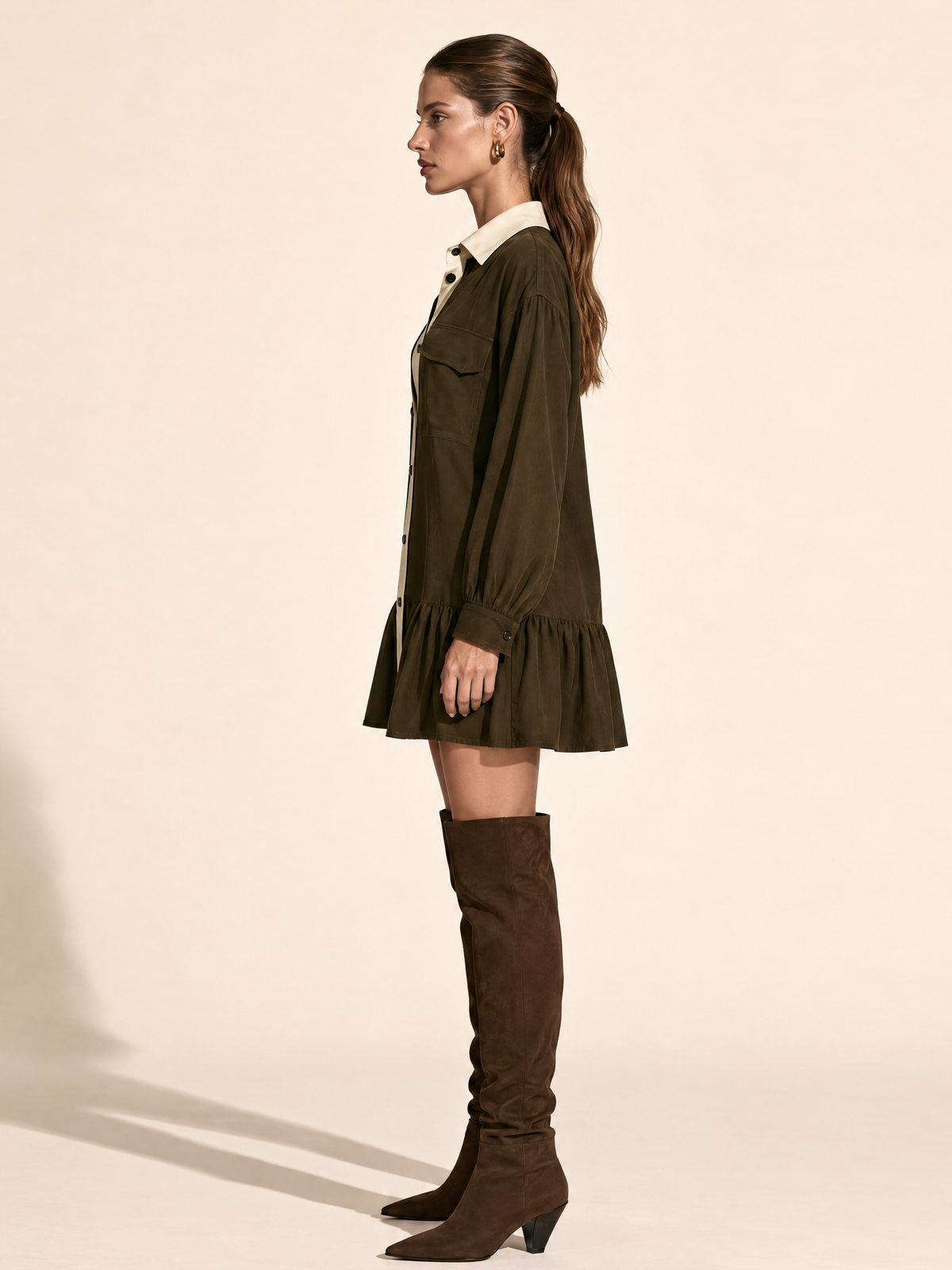 Brown White Contrast-Trim Cotton Mini Dress