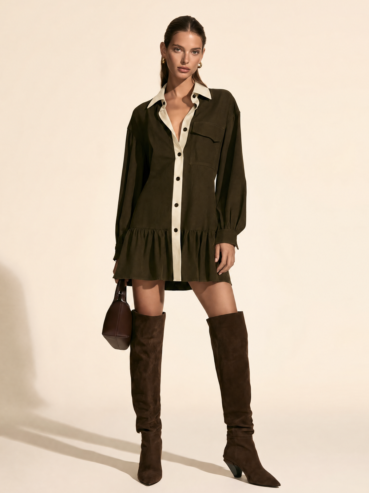Brown White Contrast-Trim Cotton Mini Dress