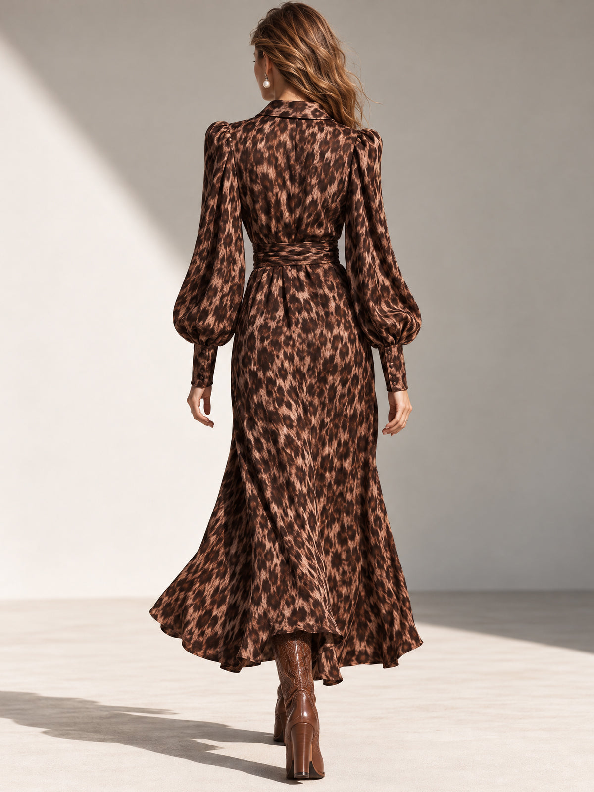Elegant Leopard Print Self-Tie Shirt Midi Dress