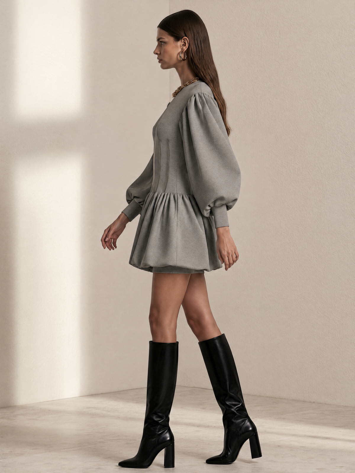 Grey Puff-Sleeve Bubble-Hem Mini Dress