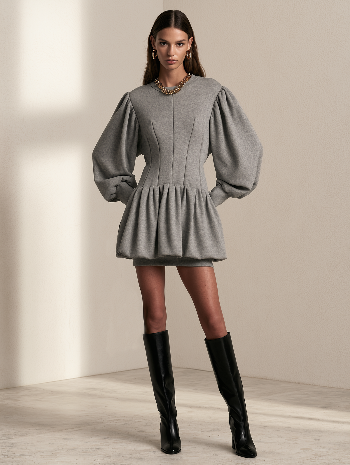 Grey Puff-Sleeve Bubble-Hem Mini Dress