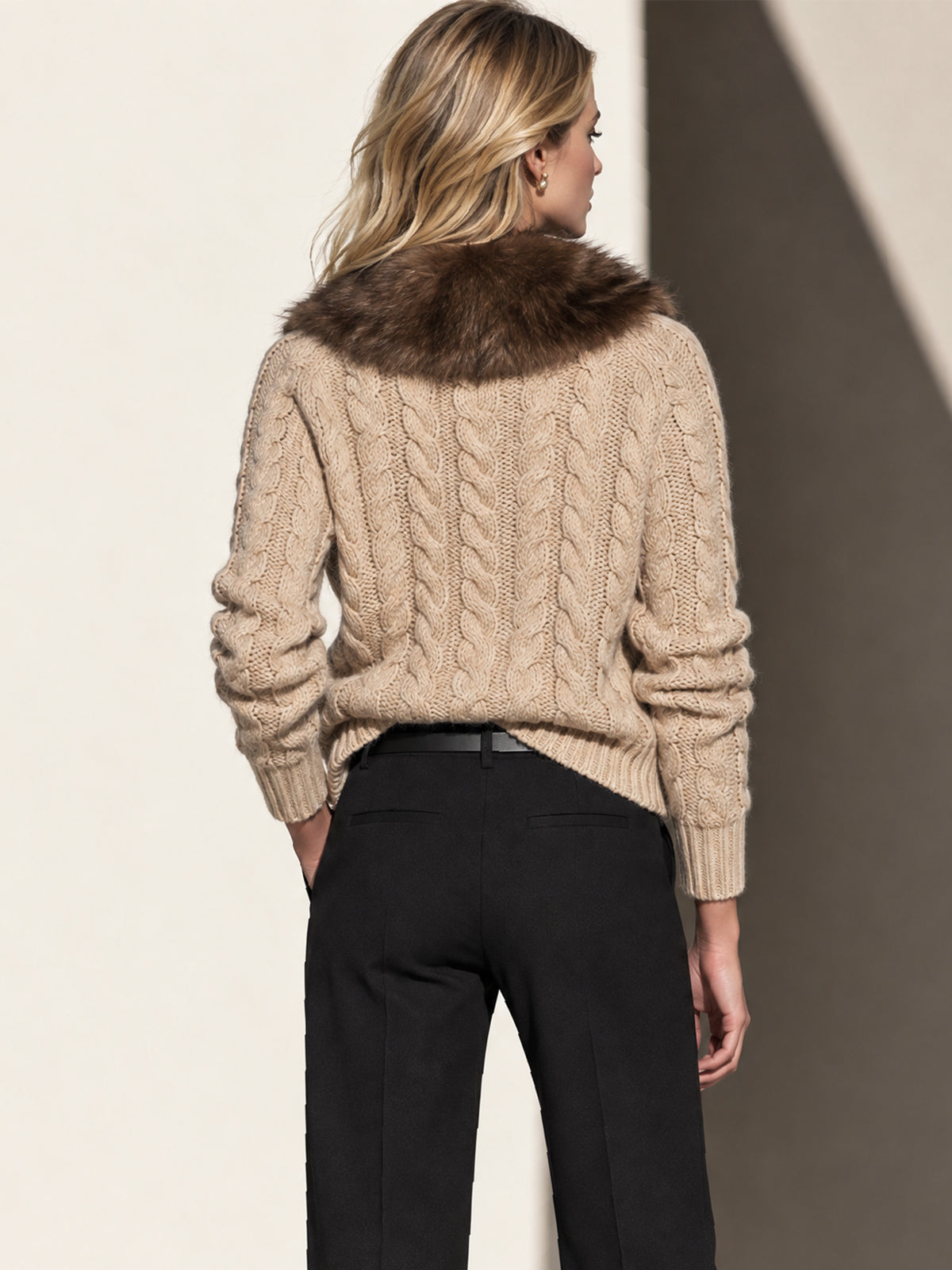 Detachable Faux Fur Collar Cable Knit Cardigan