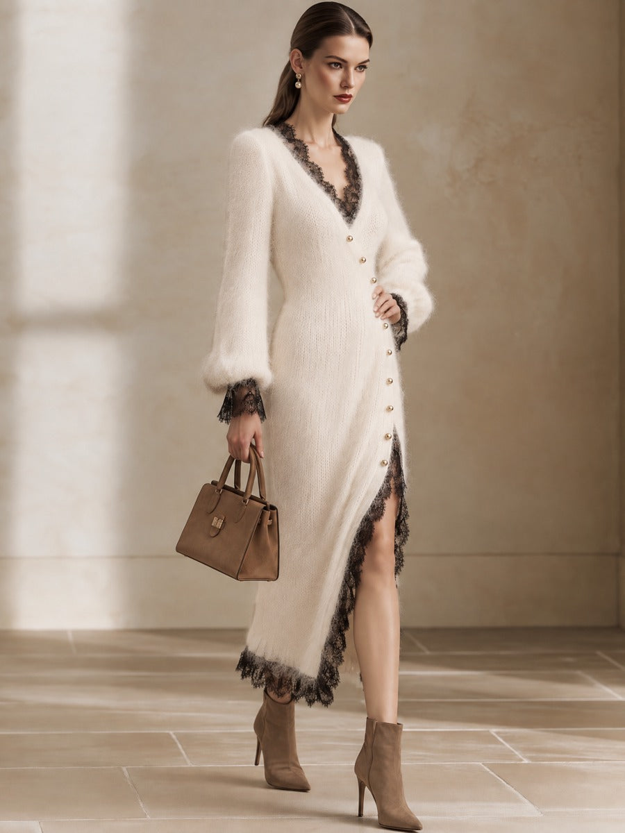 Cream Mohair Contrast Black Lace Slit Knit Midi Dress