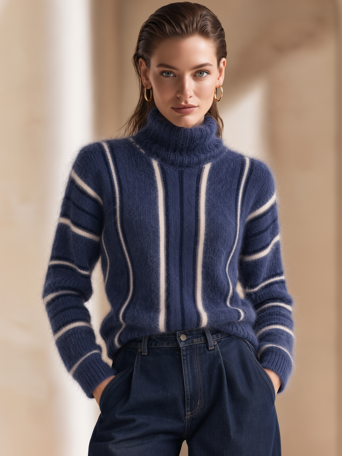 Navy White Striped Mohair Turtleneck Sweater
