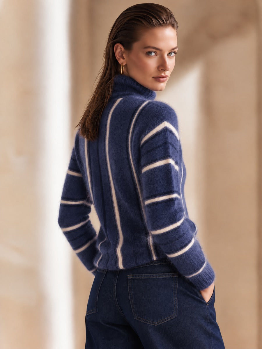 Navy White Striped Mohair Turtleneck Sweater