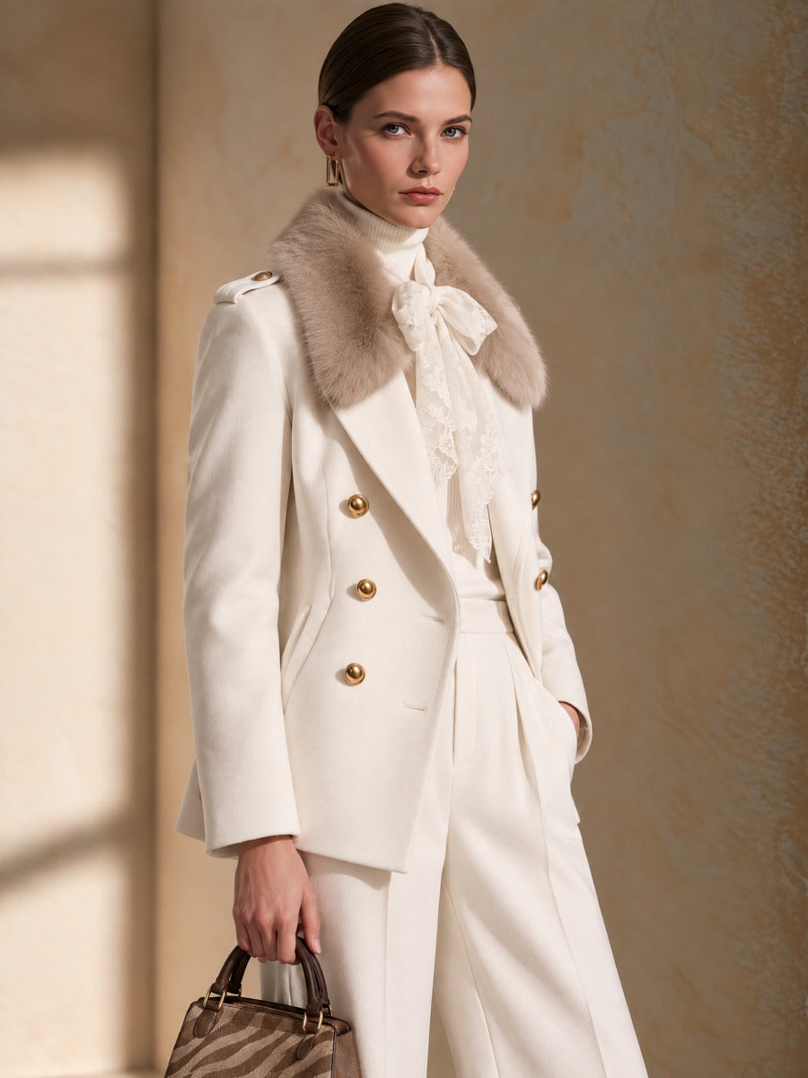 Cream Short Wool Coat With Detachable Fur Collar