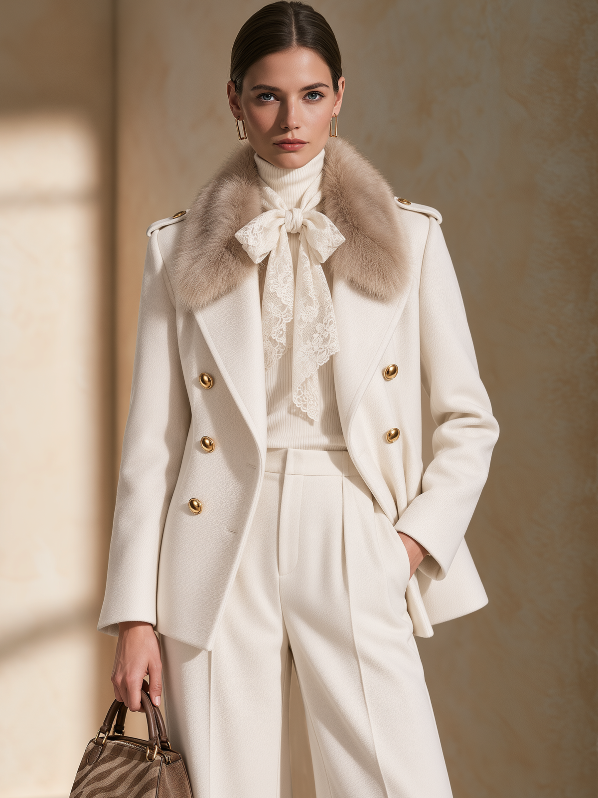 Cream Short Wool Coat With Detachable Fur Collar
