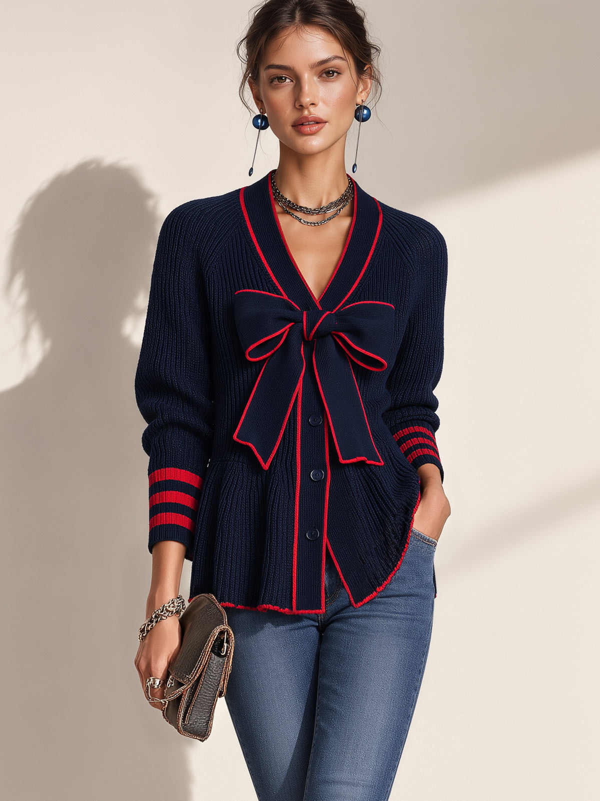 Contrast Trim Bow Front Knit Cardigan Knitwear