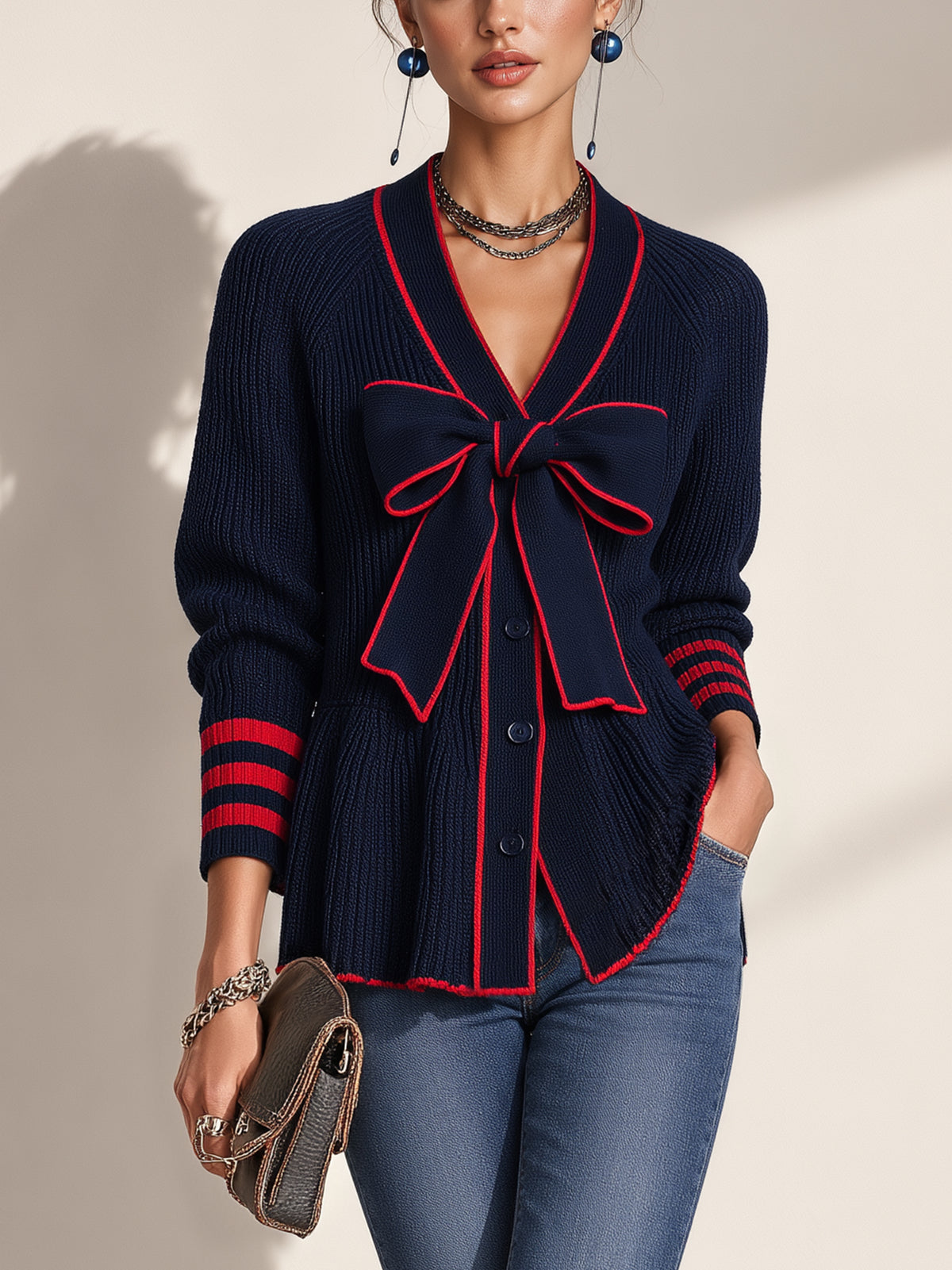 Contrast Trim Bow Front Knit Cardigan Knitwear
