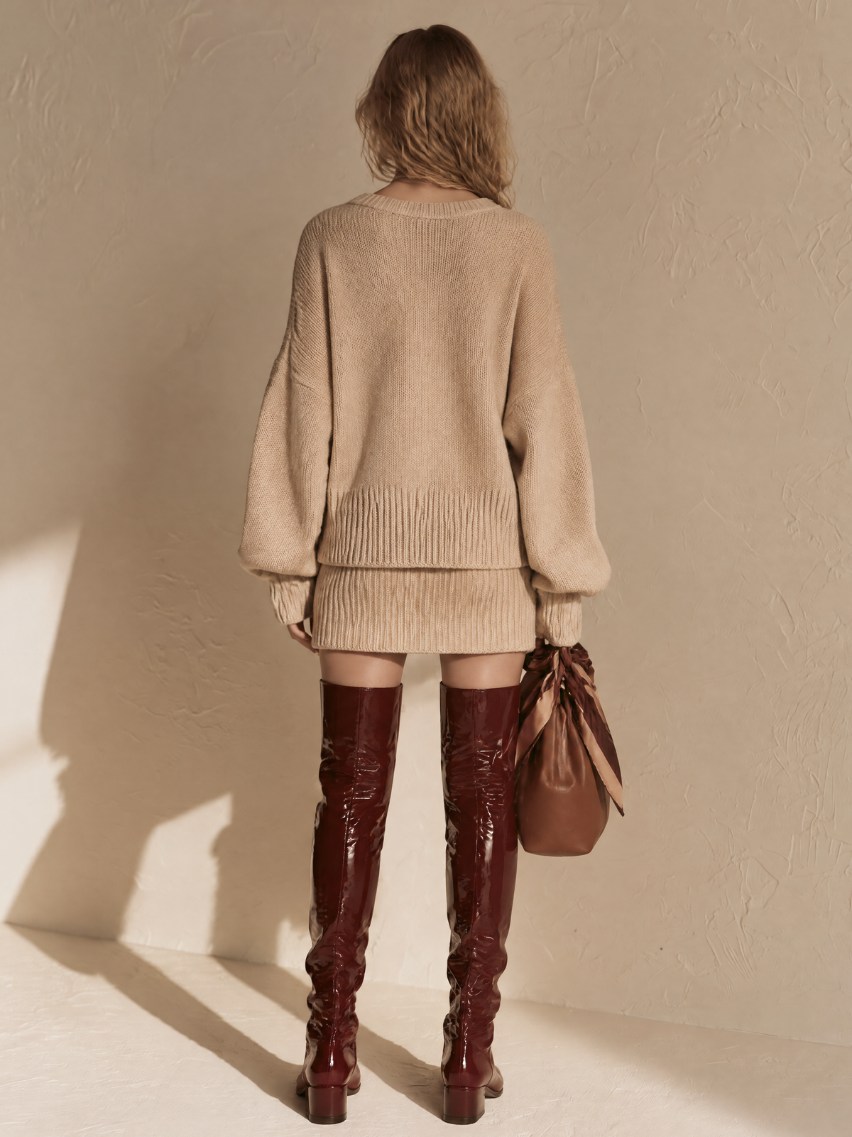 Beige Halter Knit Top & Mini Skirt Wool Set