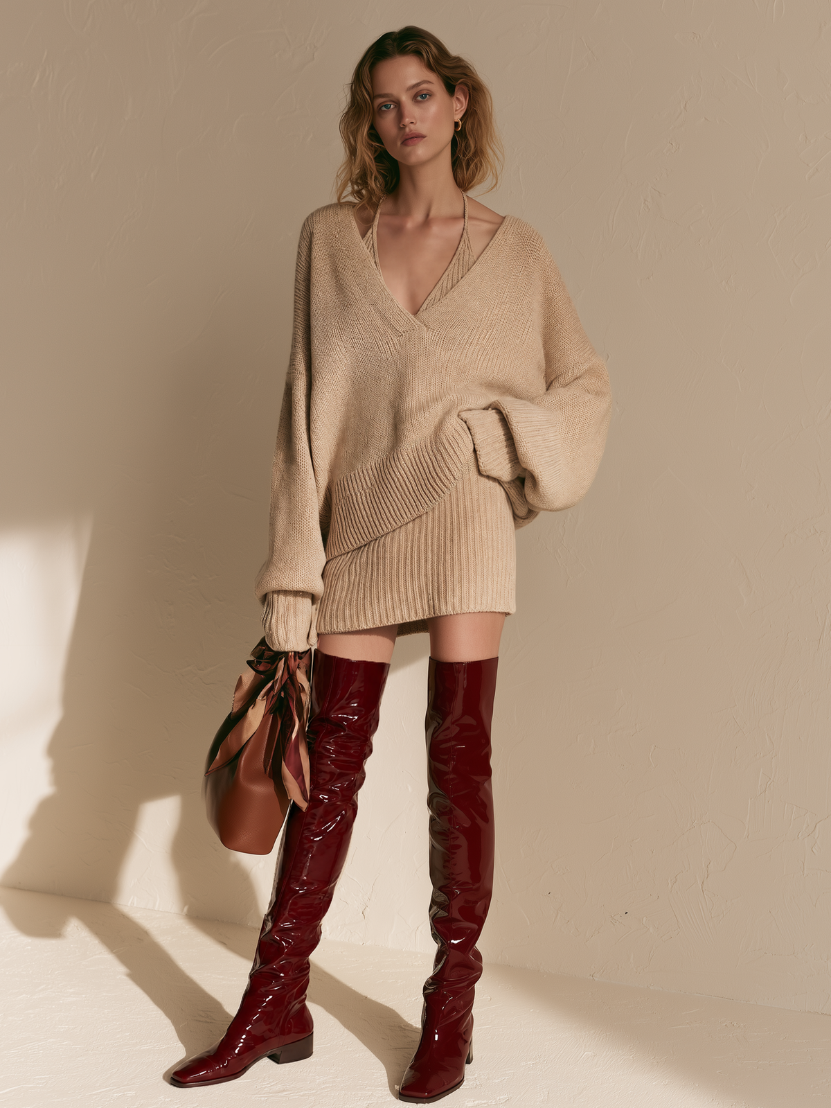 Beige Halter Knit Top & Mini Skirt Wool Set