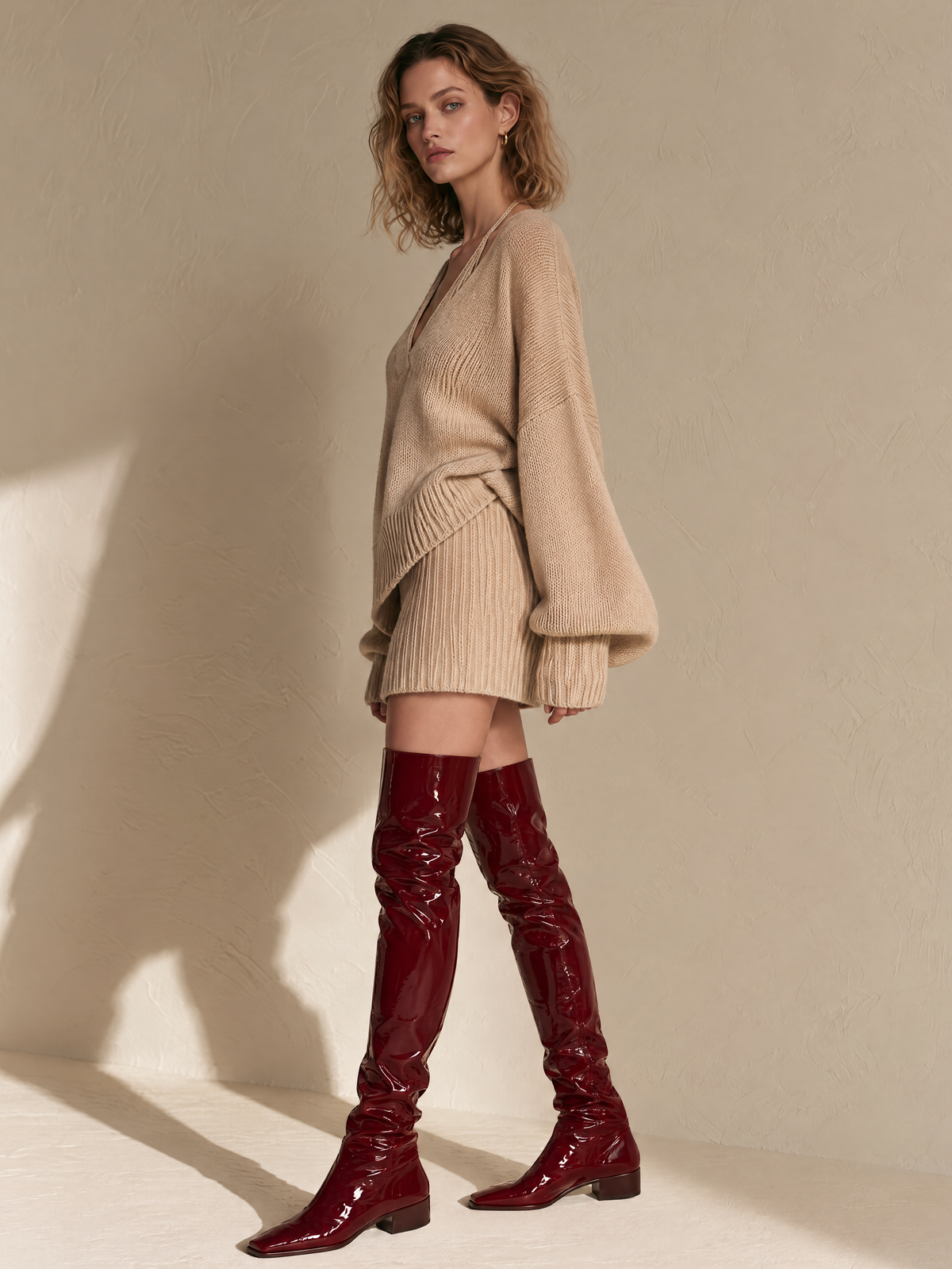Beige Halter Knit Top & Mini Skirt Wool Set