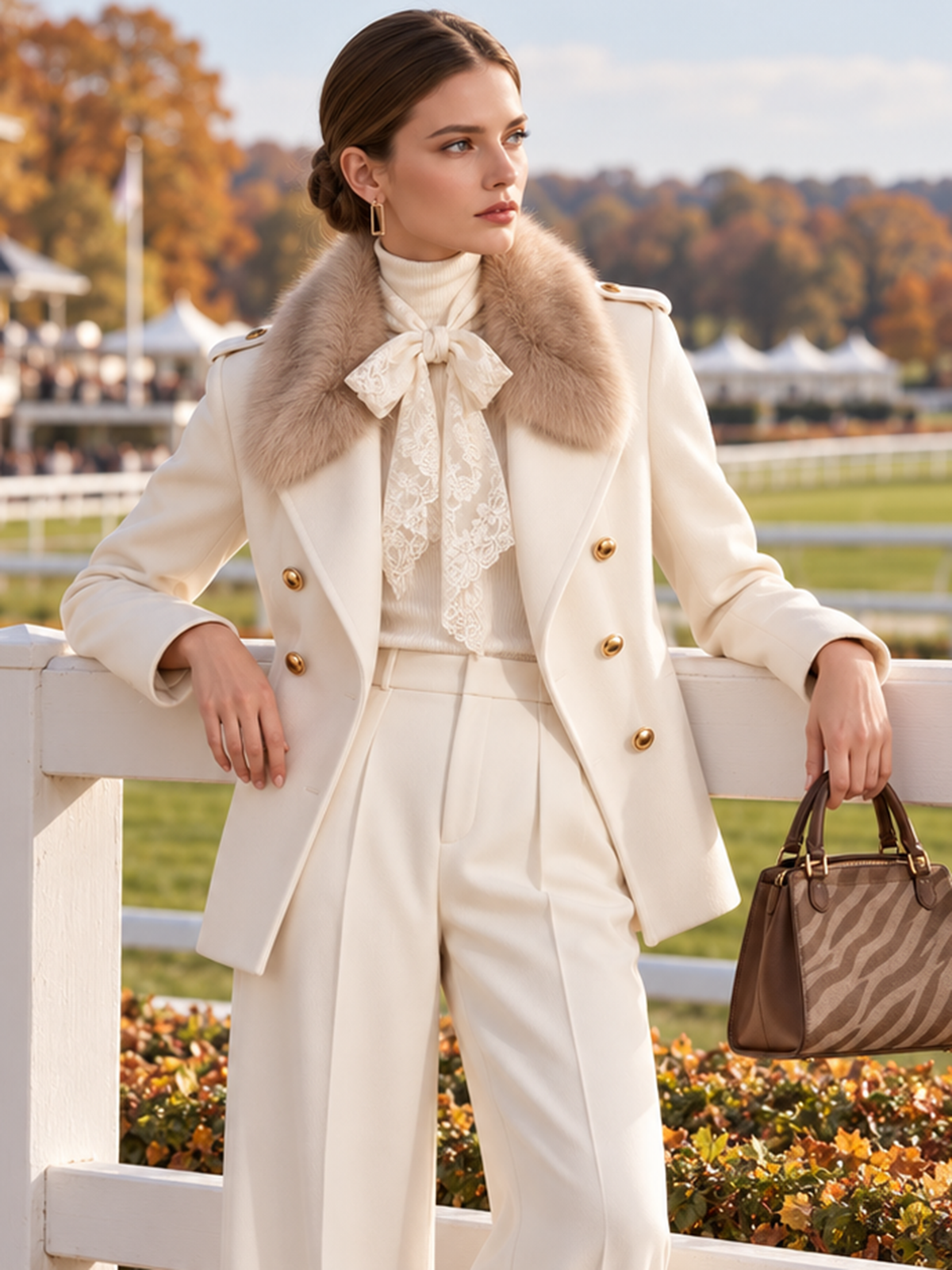 Cream Short Wool Coat With Detachable Fur Collar