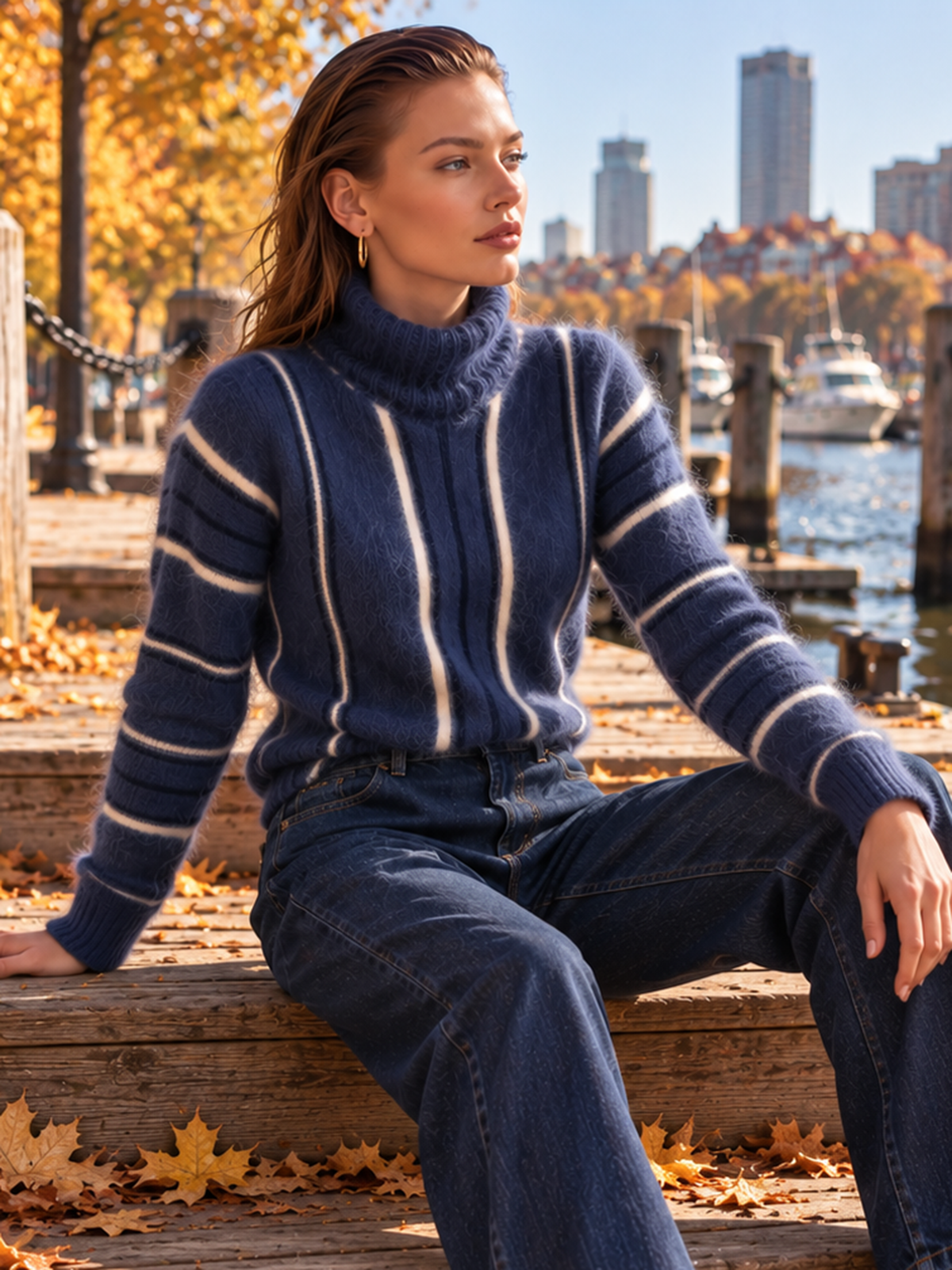 Navy White Striped Mohair Turtleneck Sweater