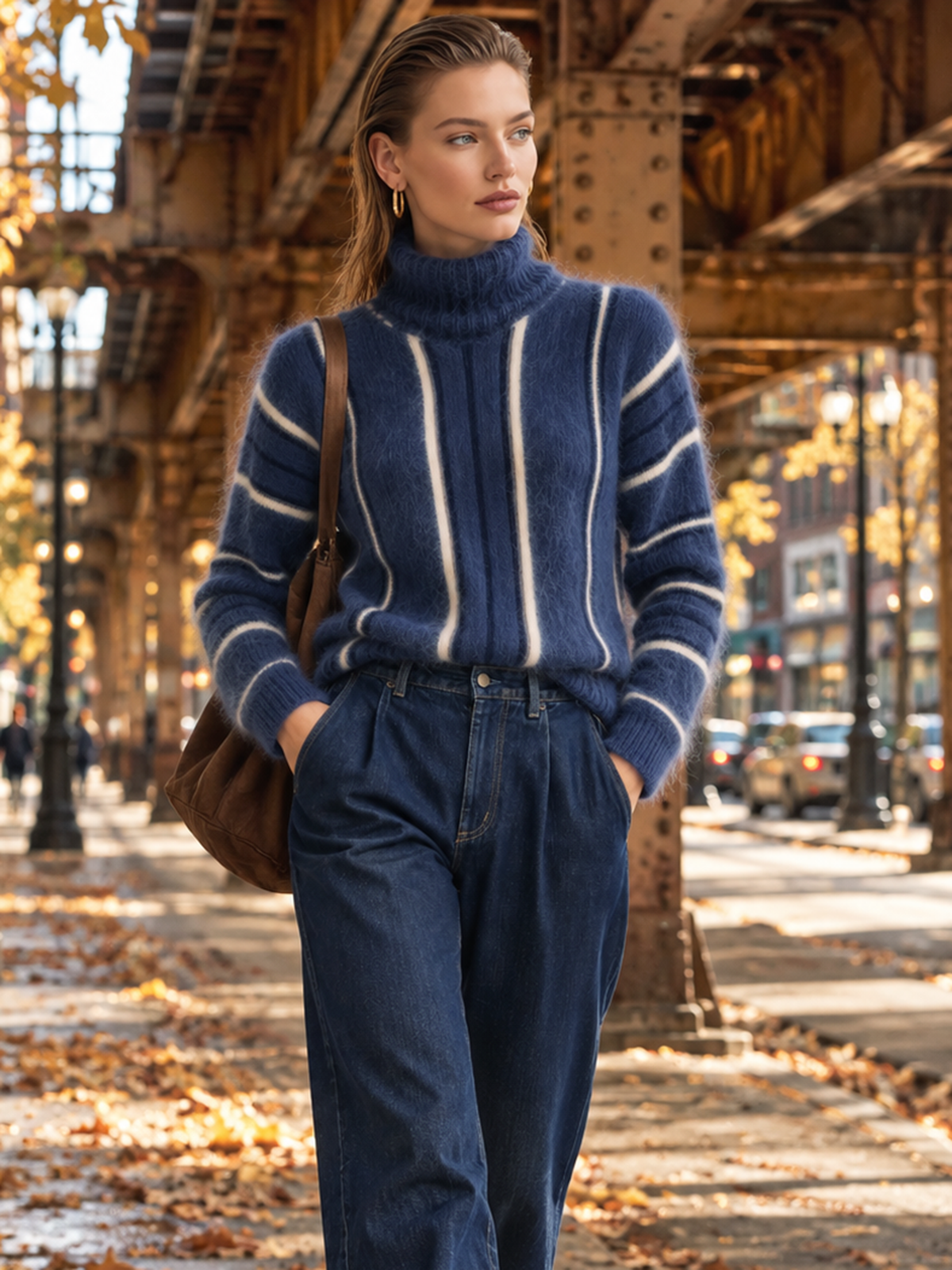 Navy White Striped Mohair Turtleneck Sweater