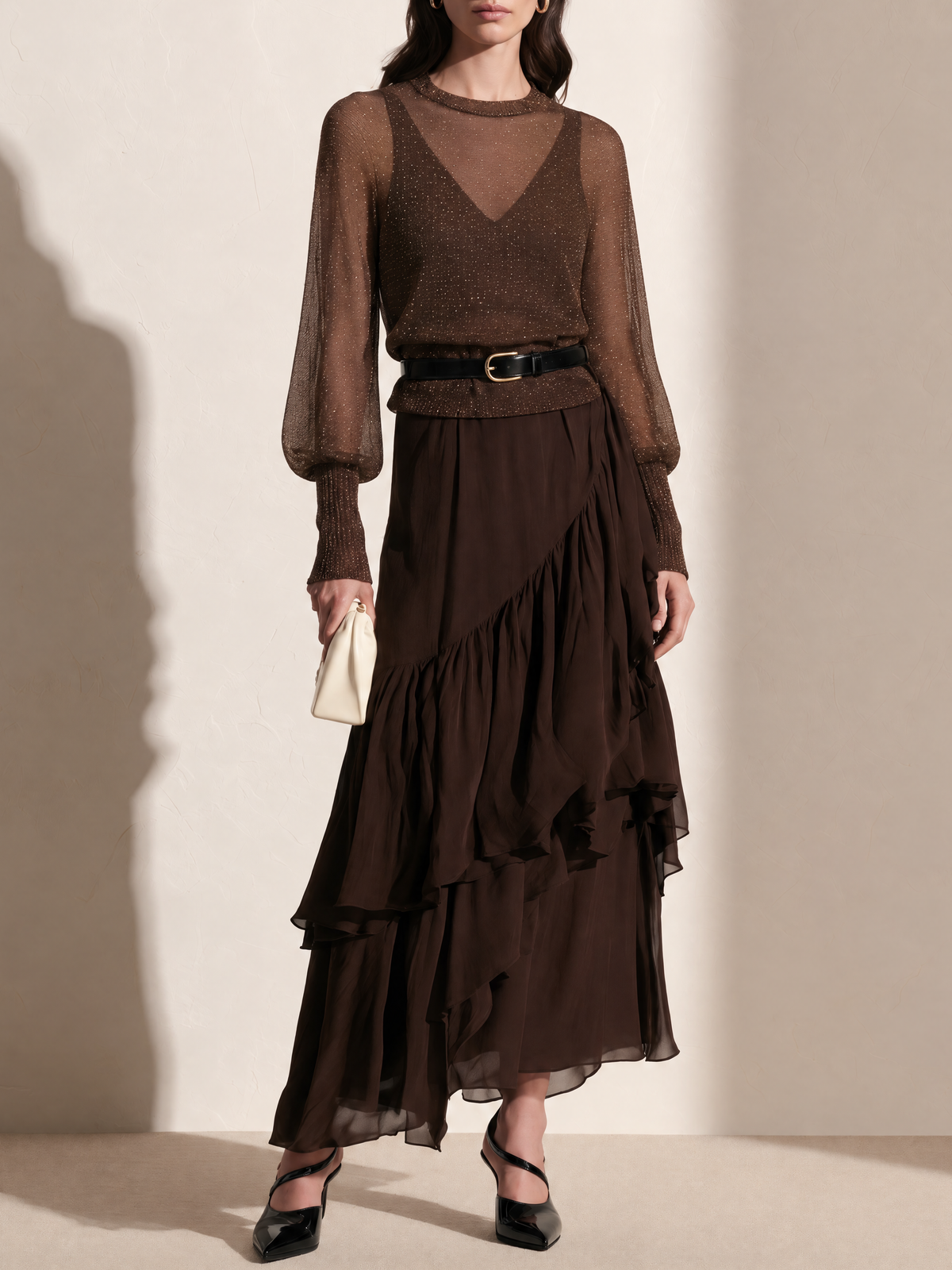 Brown Sheer Wool Knit Top Chiffon Dress Set