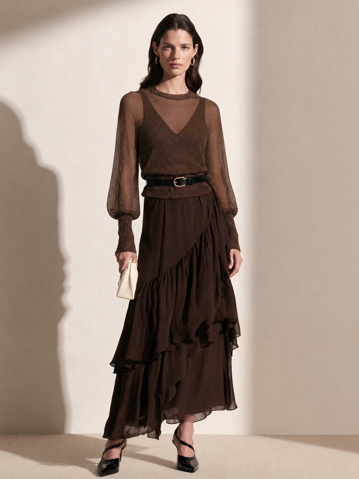 Brown Sheer Wool Knit Top Chiffon Dress Set