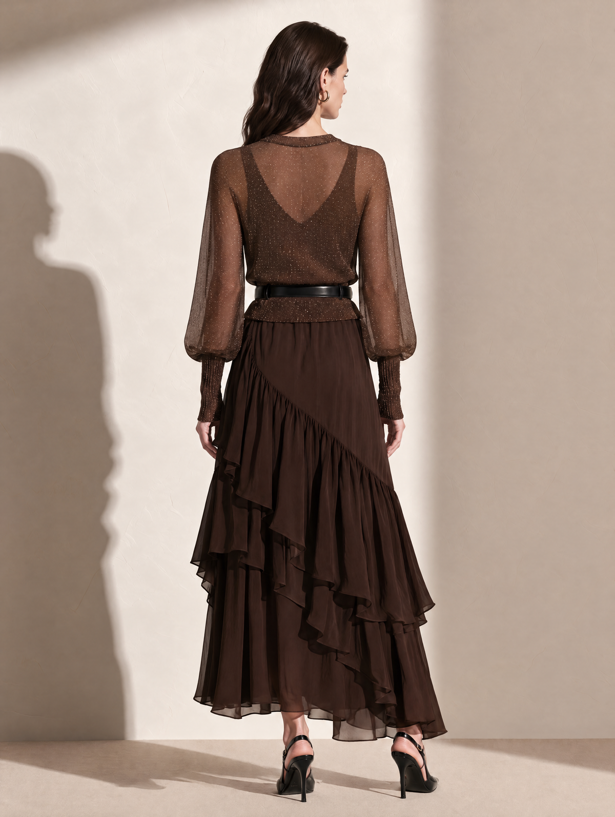 Brown Sheer Wool Knit Top Chiffon Dress Set