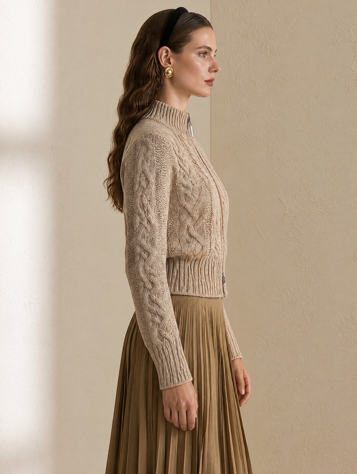 Beige Double-Zip Cable-Knit Wool Cardigan