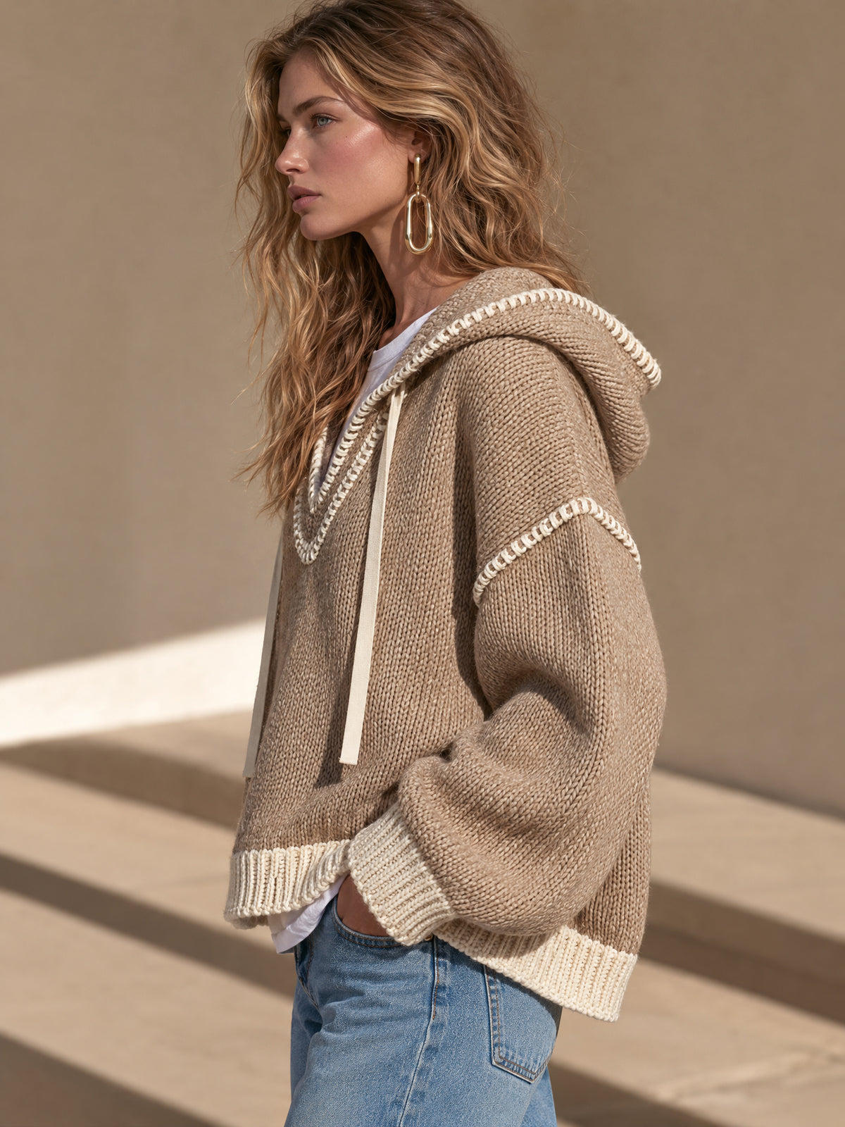 Contrast Stitch V-Neck Knit Hooded Sweater Pullover
