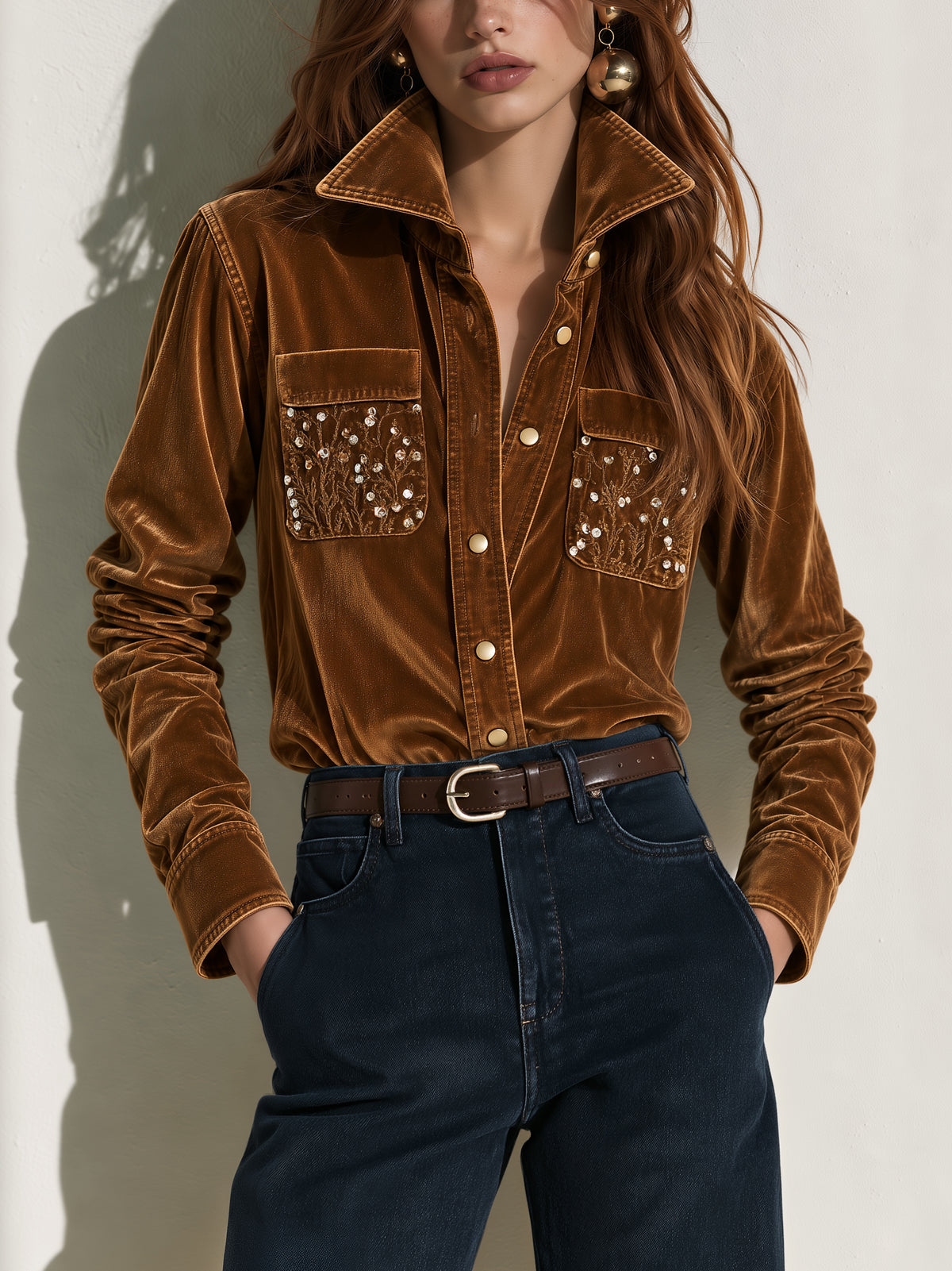 Velvet Embroidered Pocket Button Down Blouse