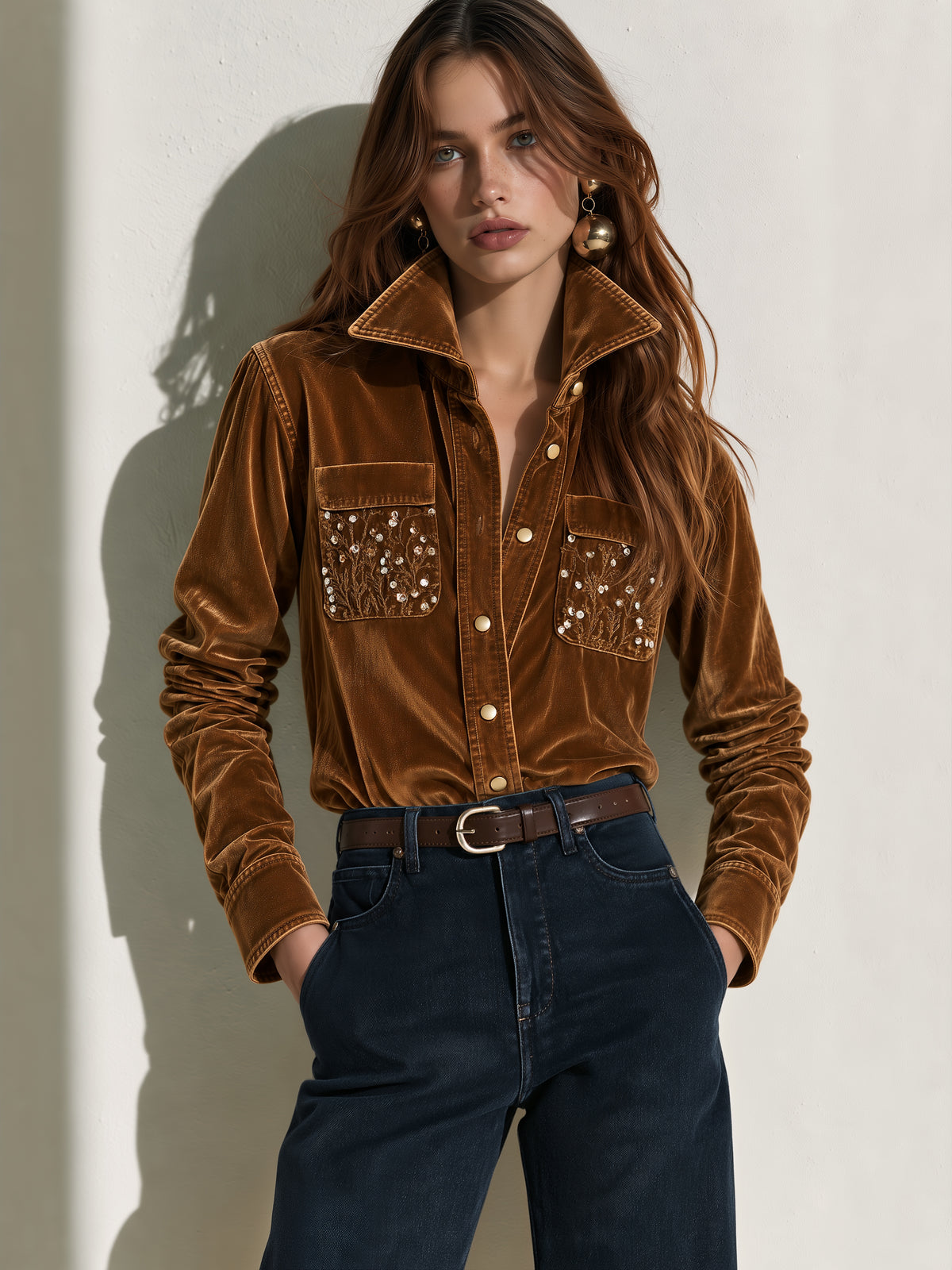 Velvet Embroidered Pocket Button Down Blouse