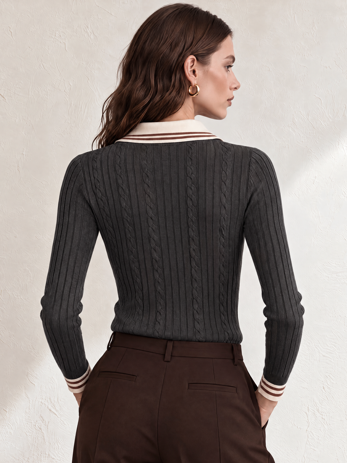 Charcoal Gray Contrast Collar Zip-Up Wool Knit Sweater