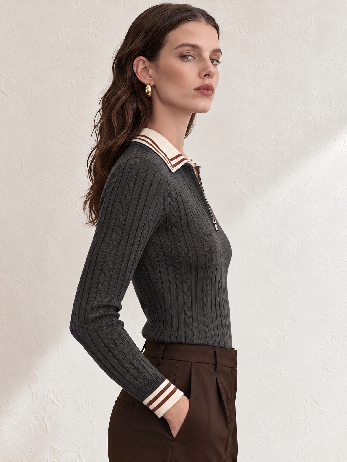 Charcoal Gray Contrast Collar Zip-Up Wool Knit Sweater