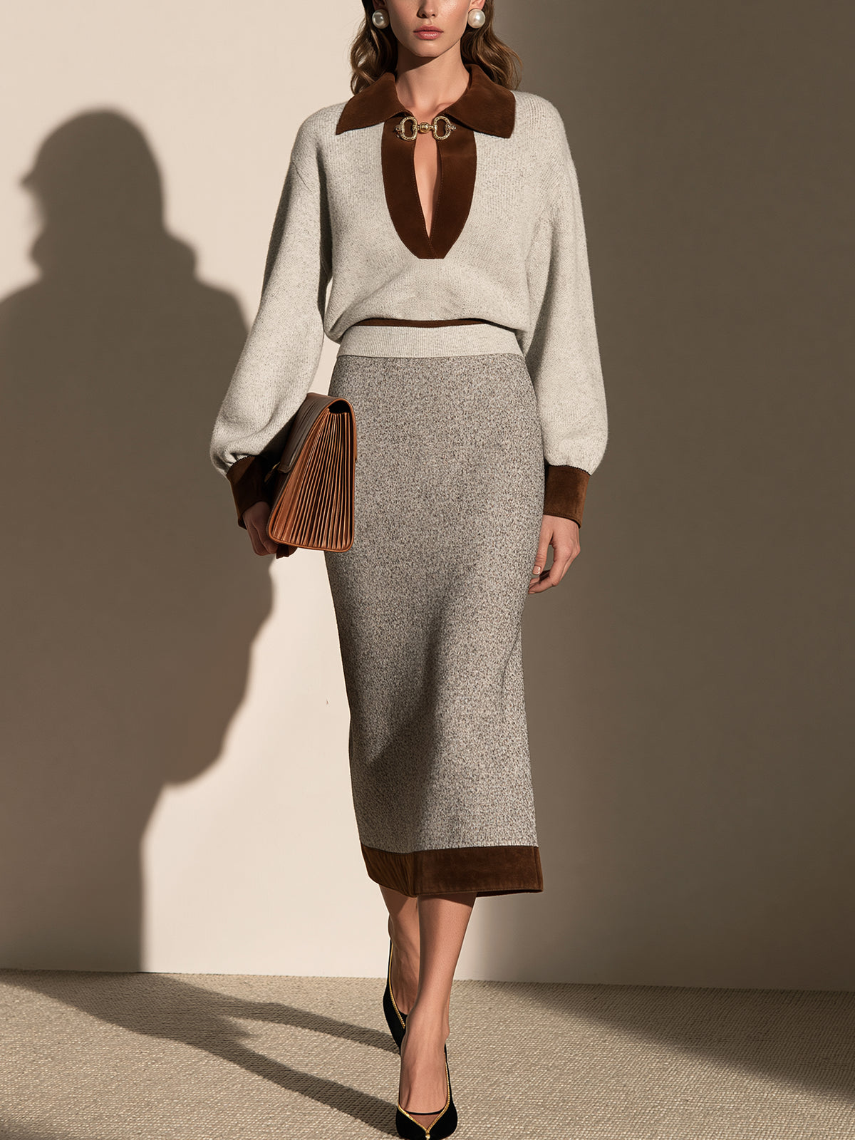 Contrast Suede Collar Knit Sweater & Midi Skirt Set