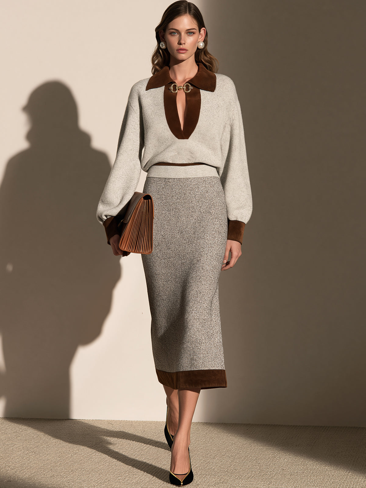 Contrast Suede Collar Knit Sweater & Midi Skirt Set
