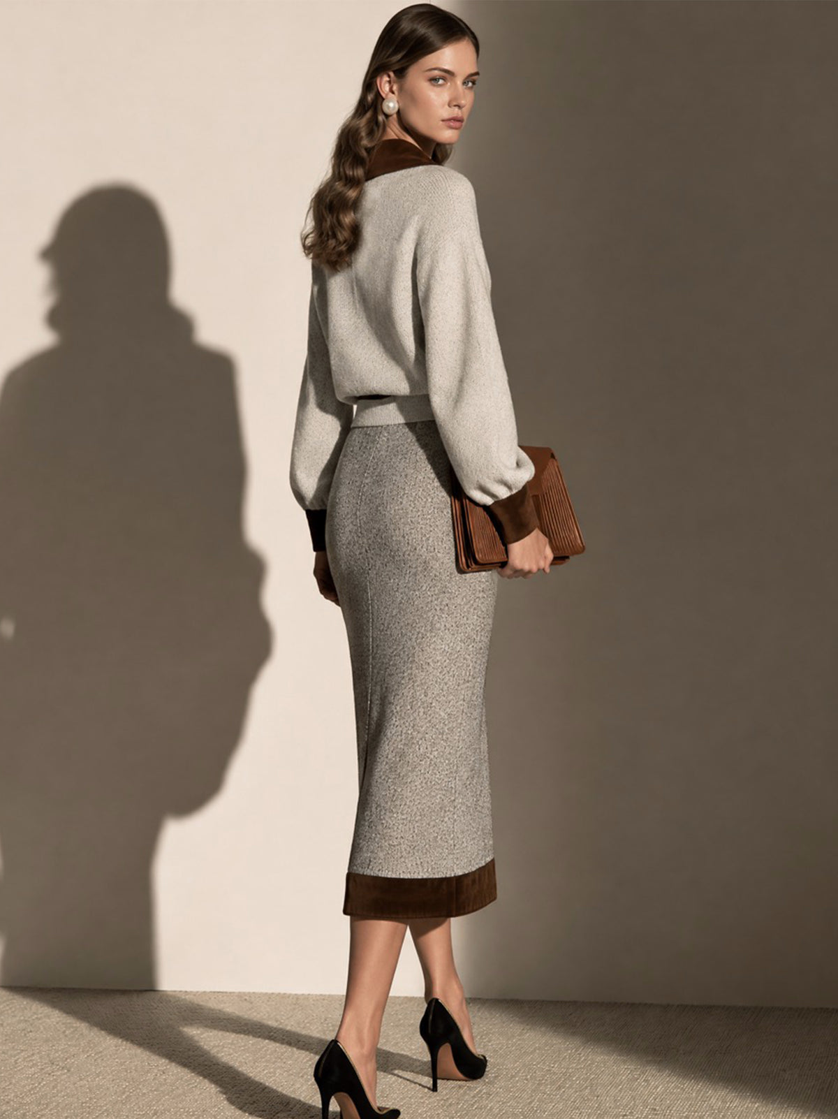 Contrast Suede Collar Knit Sweater & Midi Skirt Set