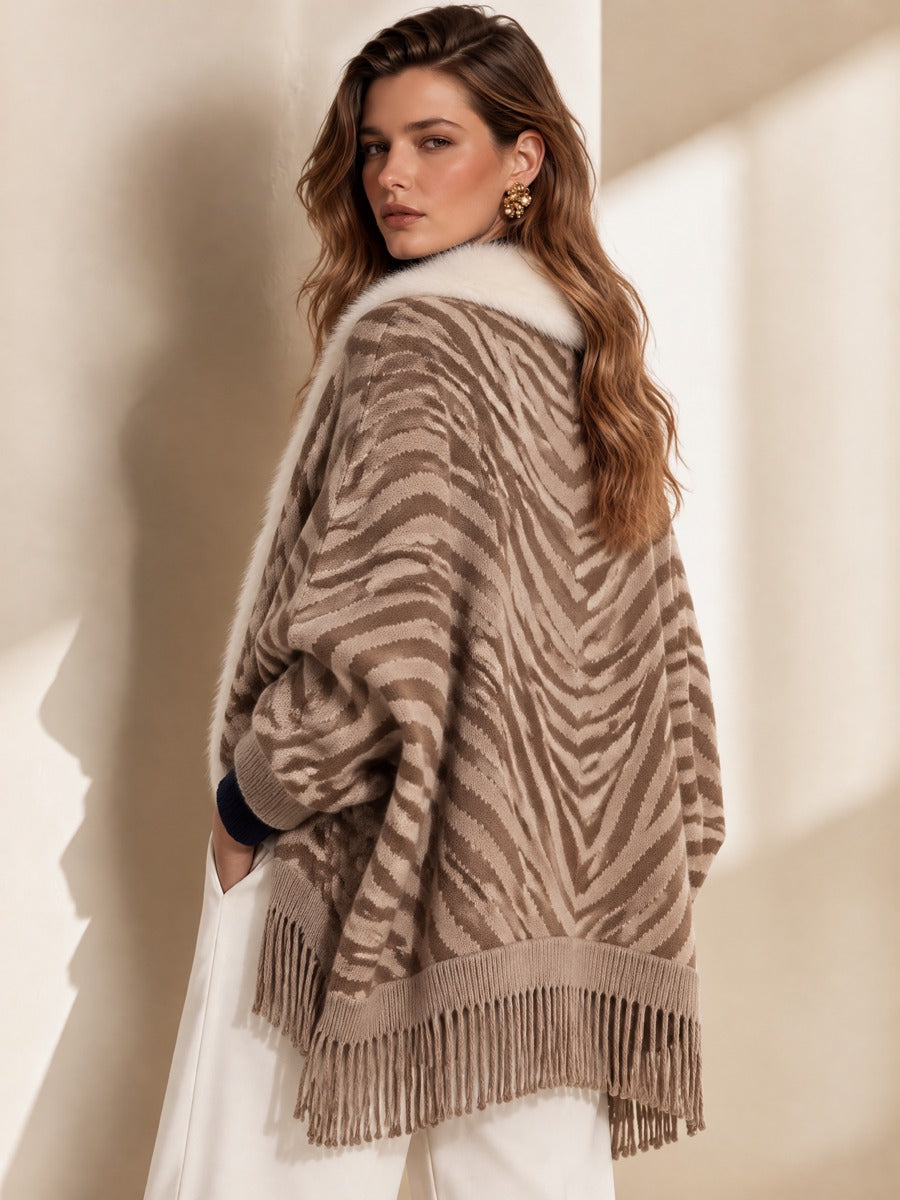 Brown Zebra Jacquard Detachable Fur Fringe Cardigan
