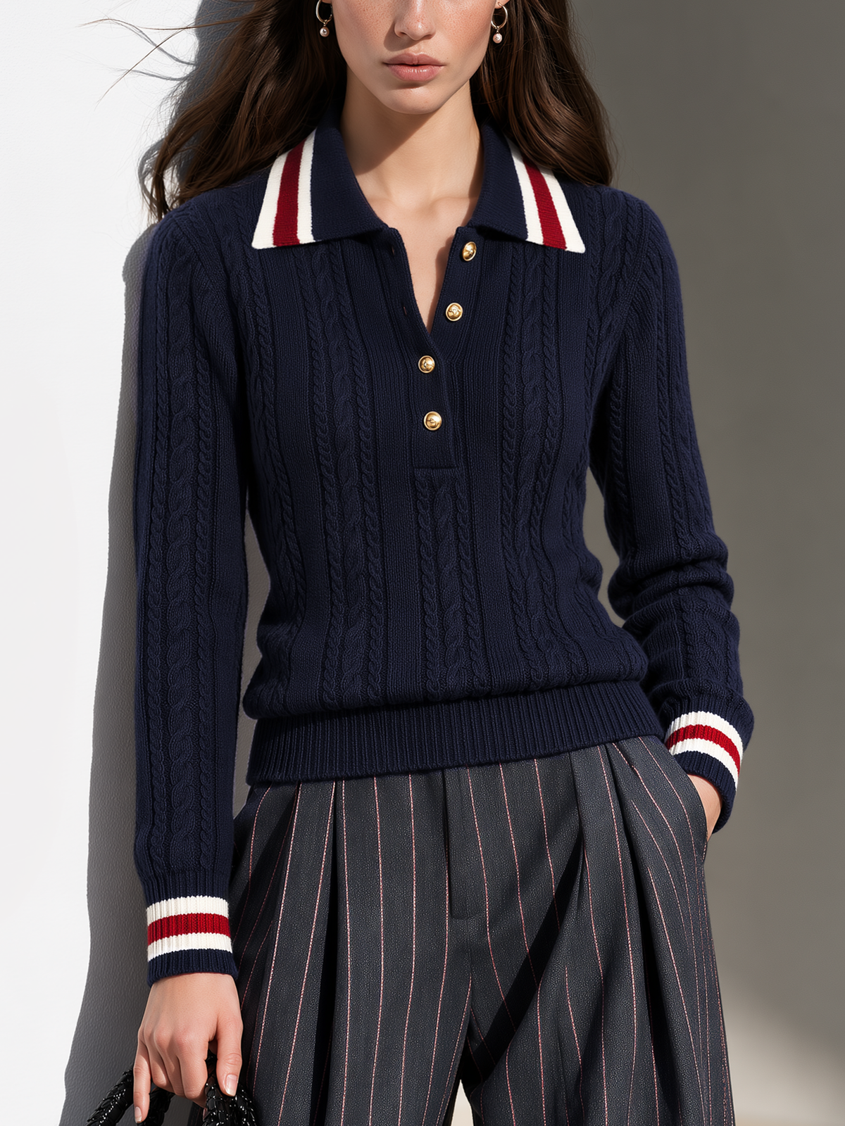 Navy Cable Knit Striped Collar Polo Sweater